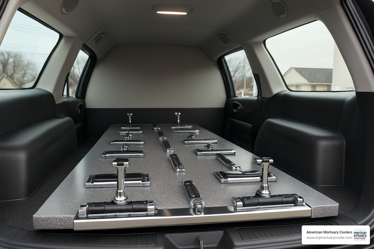 casket deck with roller system installed in a first call van - first call van