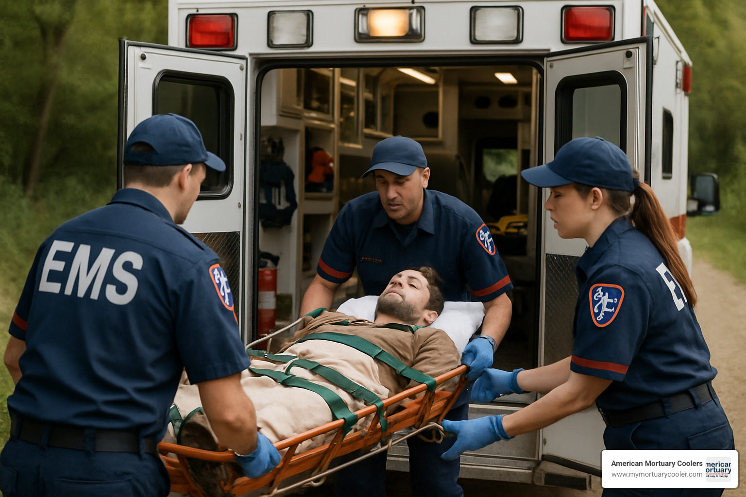 Rescue team loading a Junkin Stokes basket into an ambulance after a successful evacuation - junkin stokes basket