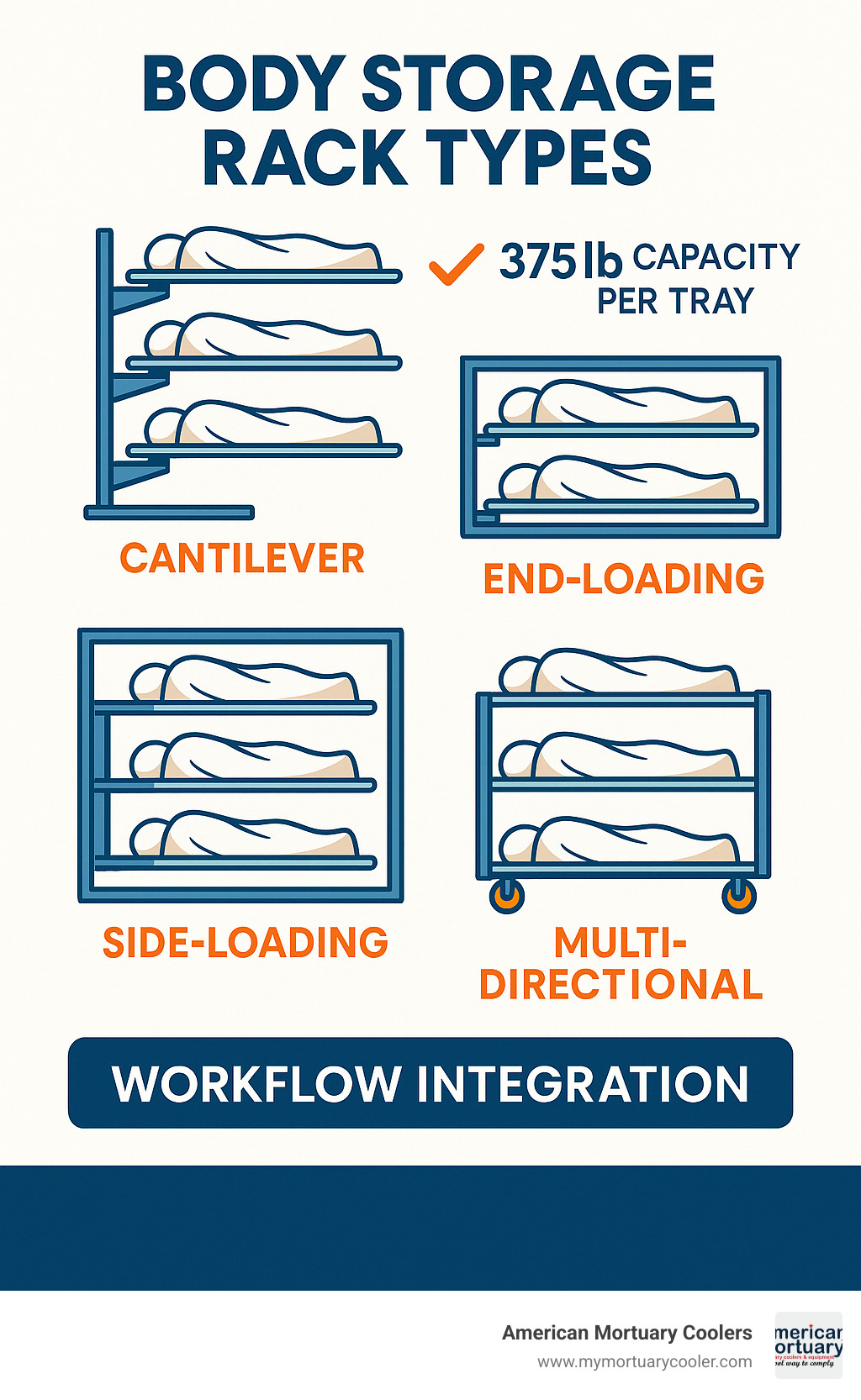 Diagram showing different body storage rack types including cantilever, end-loading, side-loading, and multi-directional configurations with capacity specifications and workflow integration - body storage racks infographic 