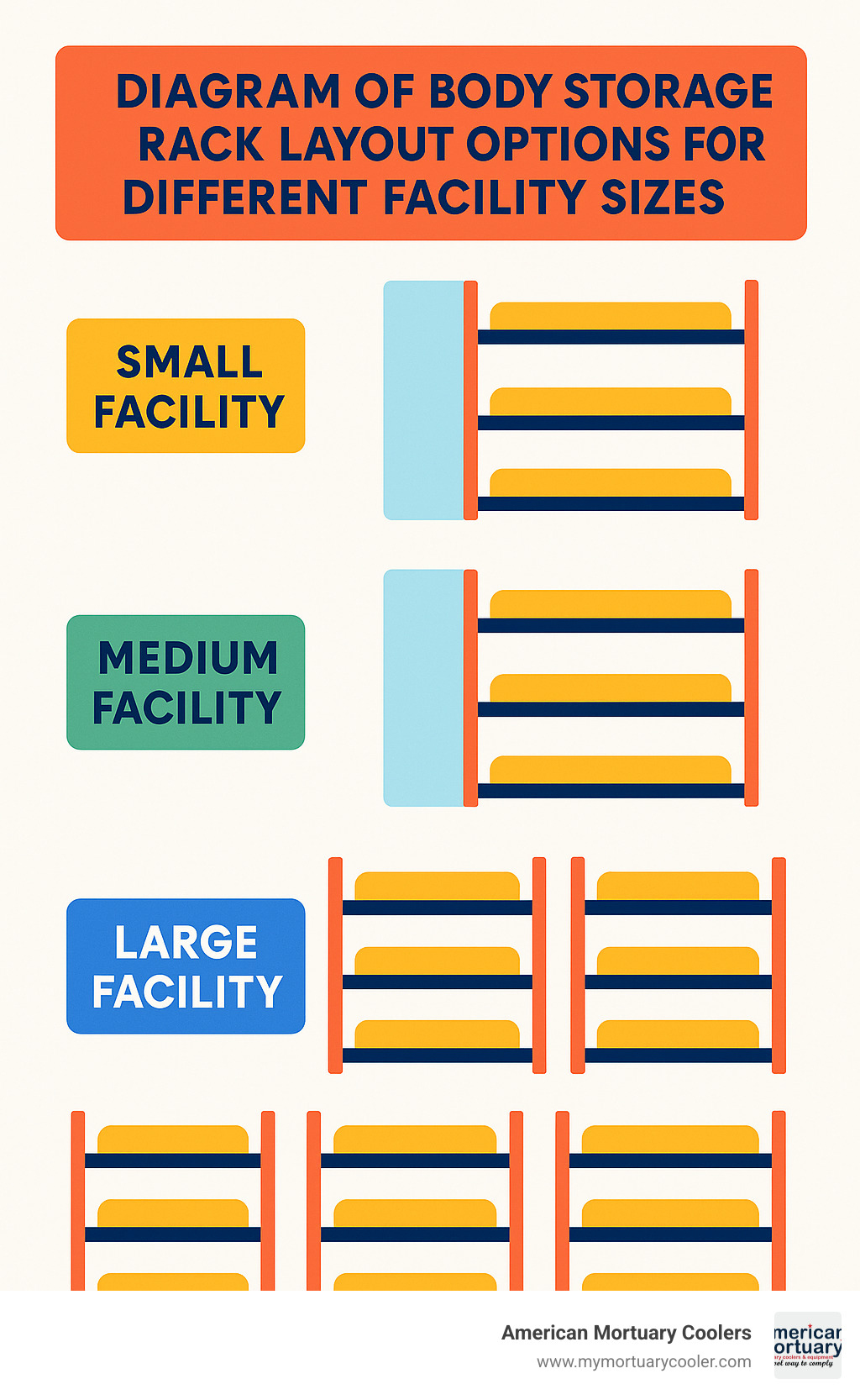 Diagram of body storage rack layout options for different facility sizes - body storage racks infographic 