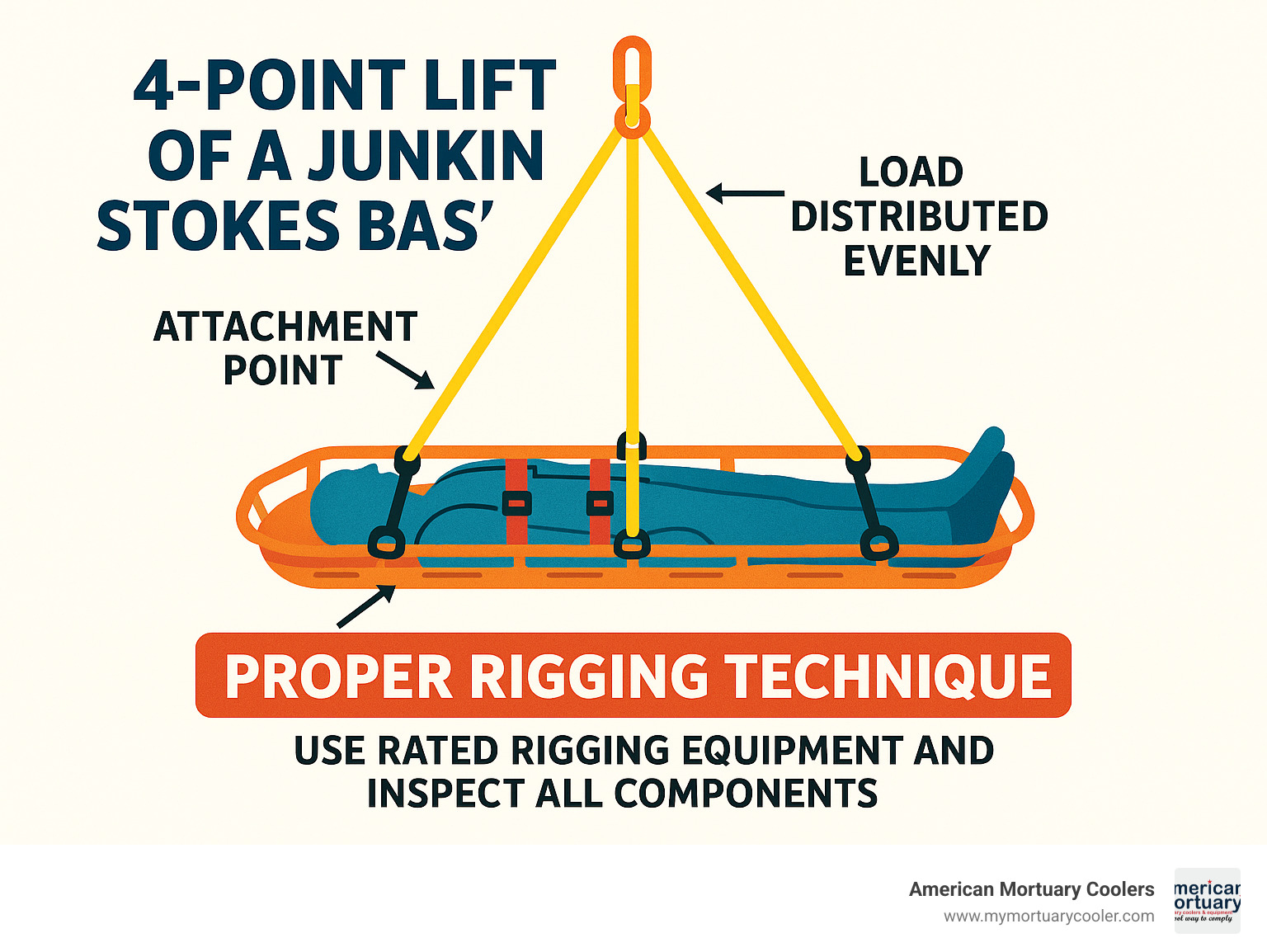 Diagram showing the proper rigging technique for a 4-point lift of a Junkin Stokes basket, including attachment points, load distribution, and safety considerations - junkin stokes basket infographic 