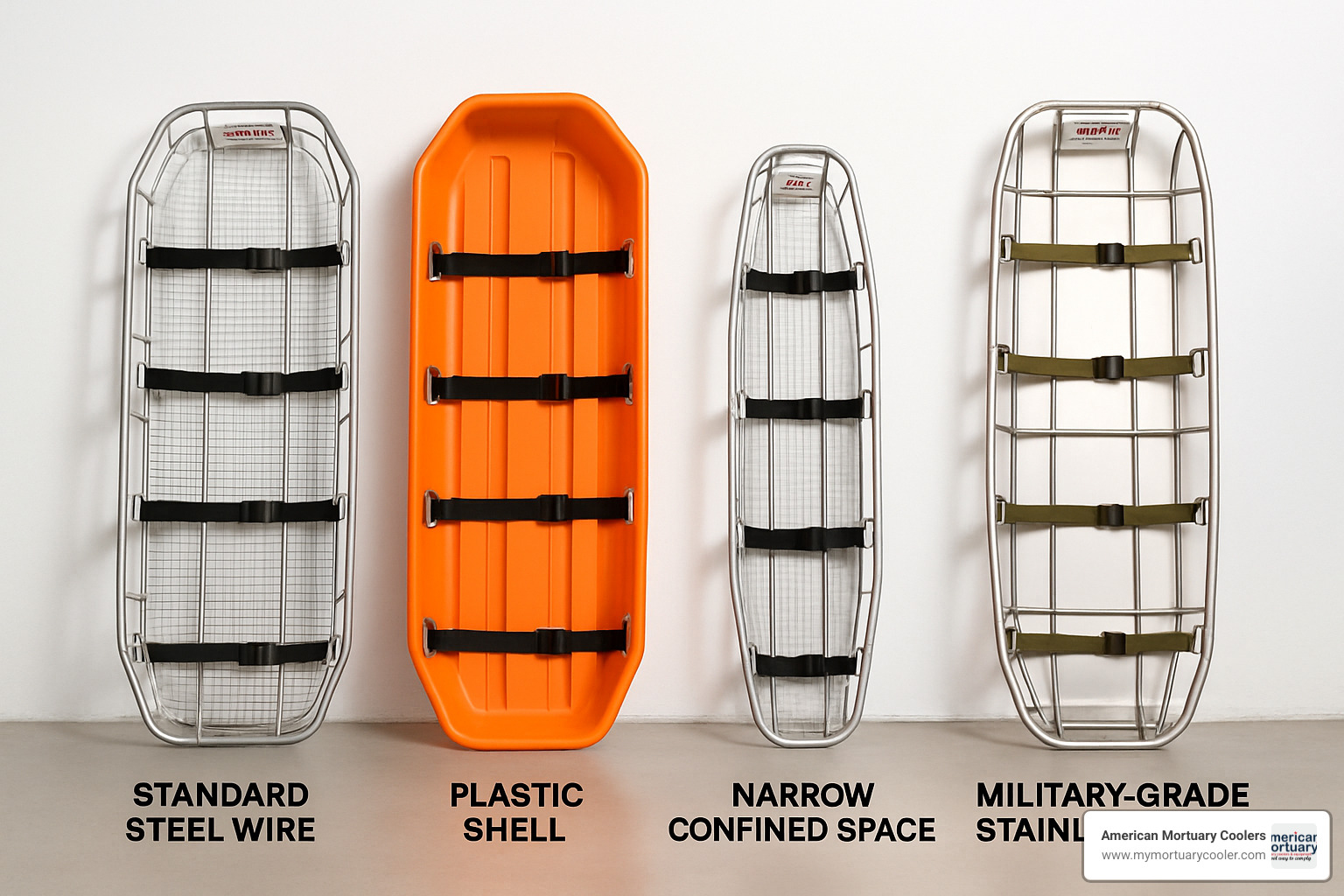 Different Junkin Stokes basket models displayed side by side showing the standard, plastic shell, confined space, and military versions - junkin stokes basket