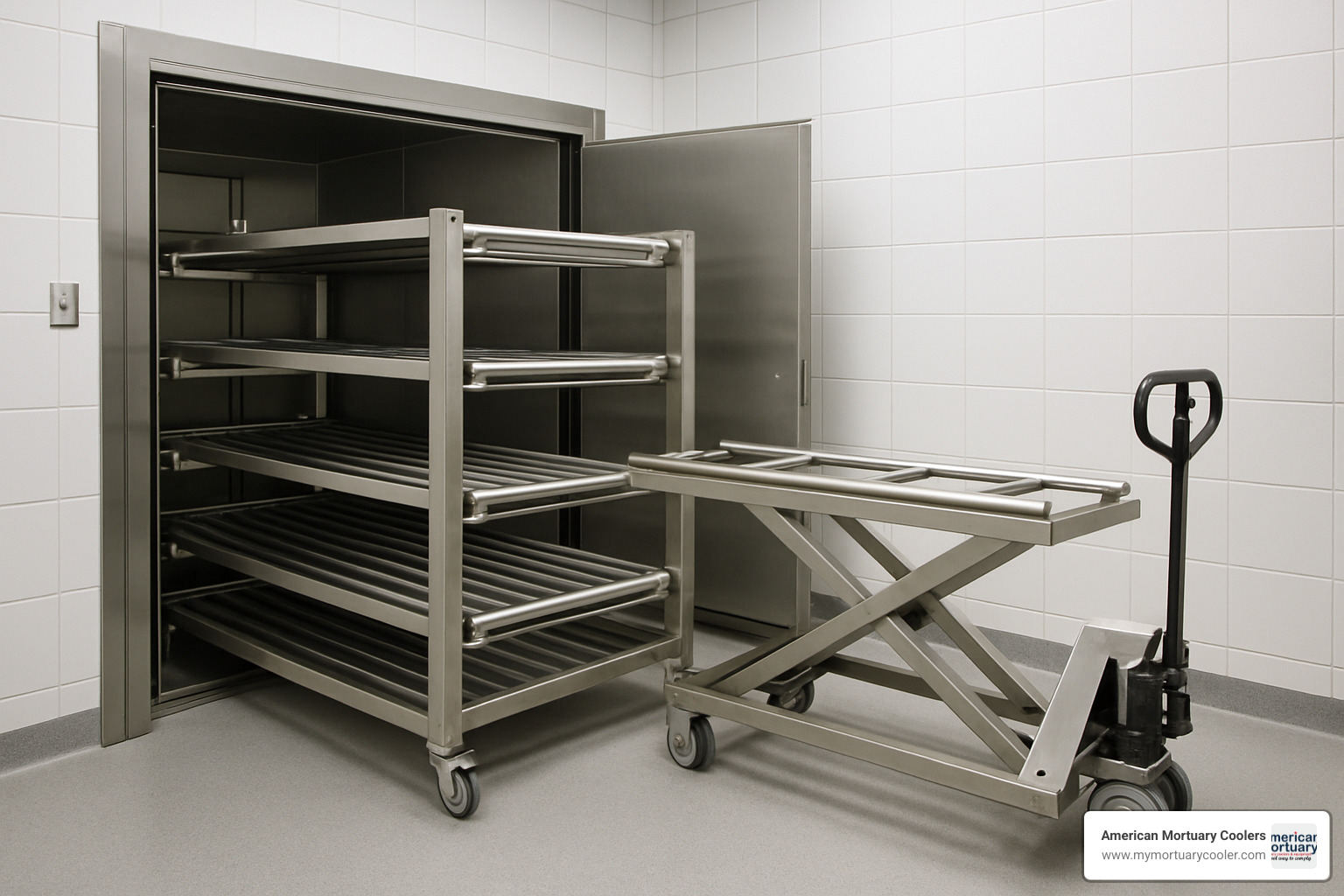 Body storage rack with roller system and compatible lift - body storage racks