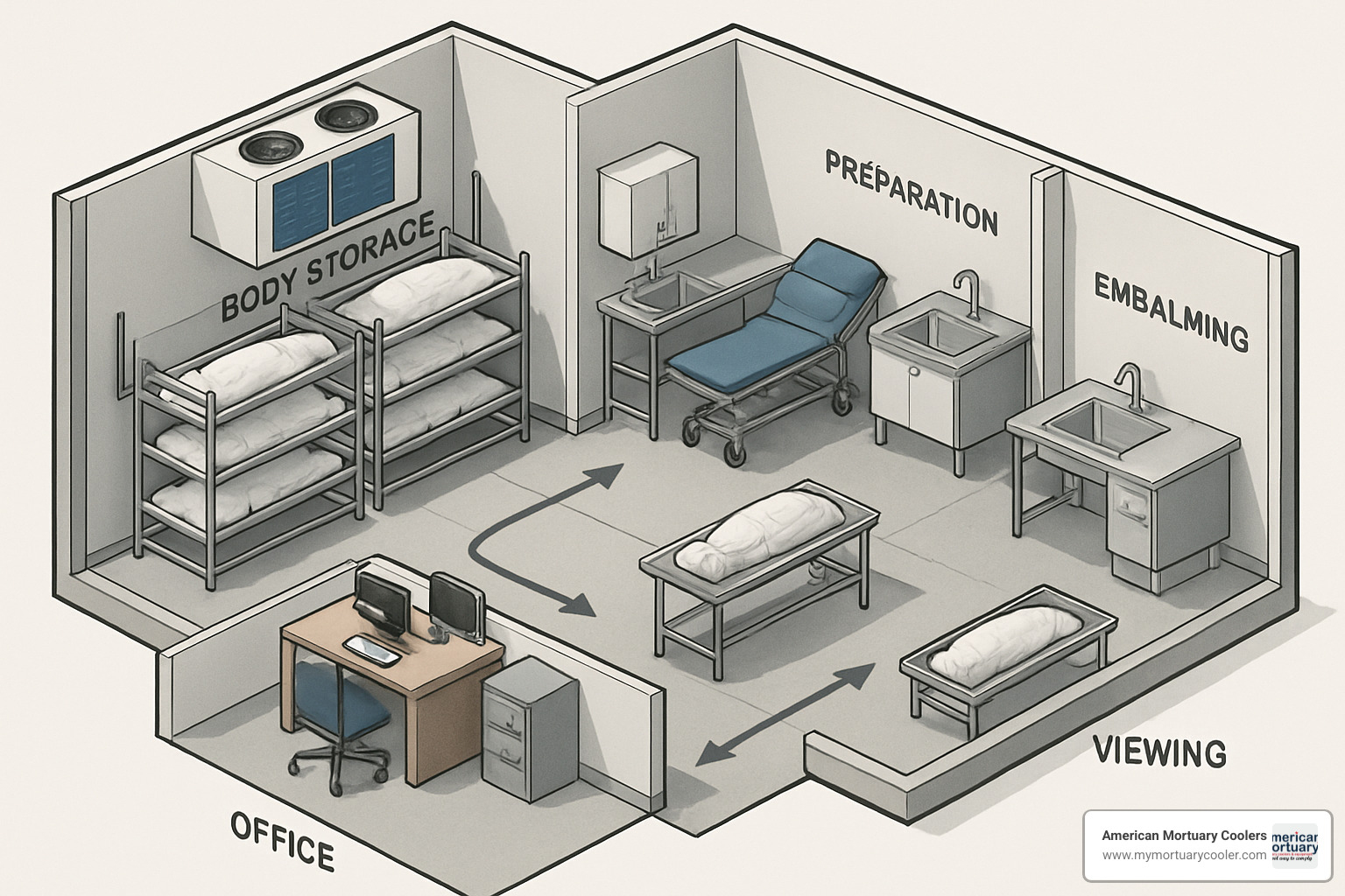 Mortuary facility layout showing optimal rack positioning relative to preparation areas and cooling systems - body storage racks