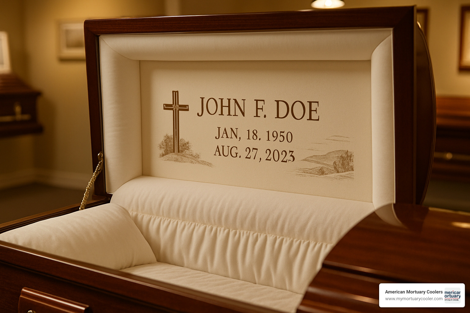 engraved head panel with personalized design - showroom caskets