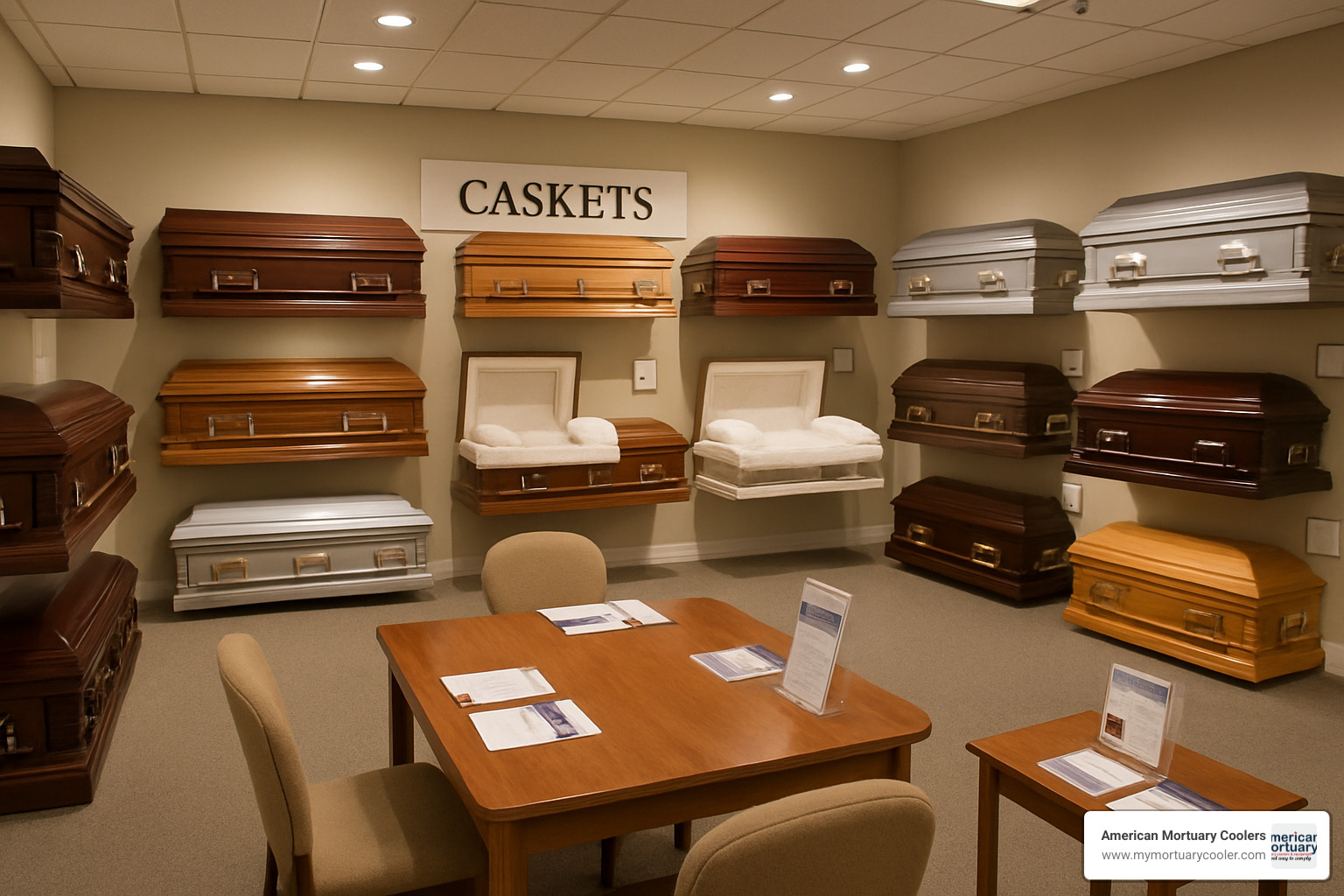 casket showroom display with multiple models and informational materials - showroom caskets