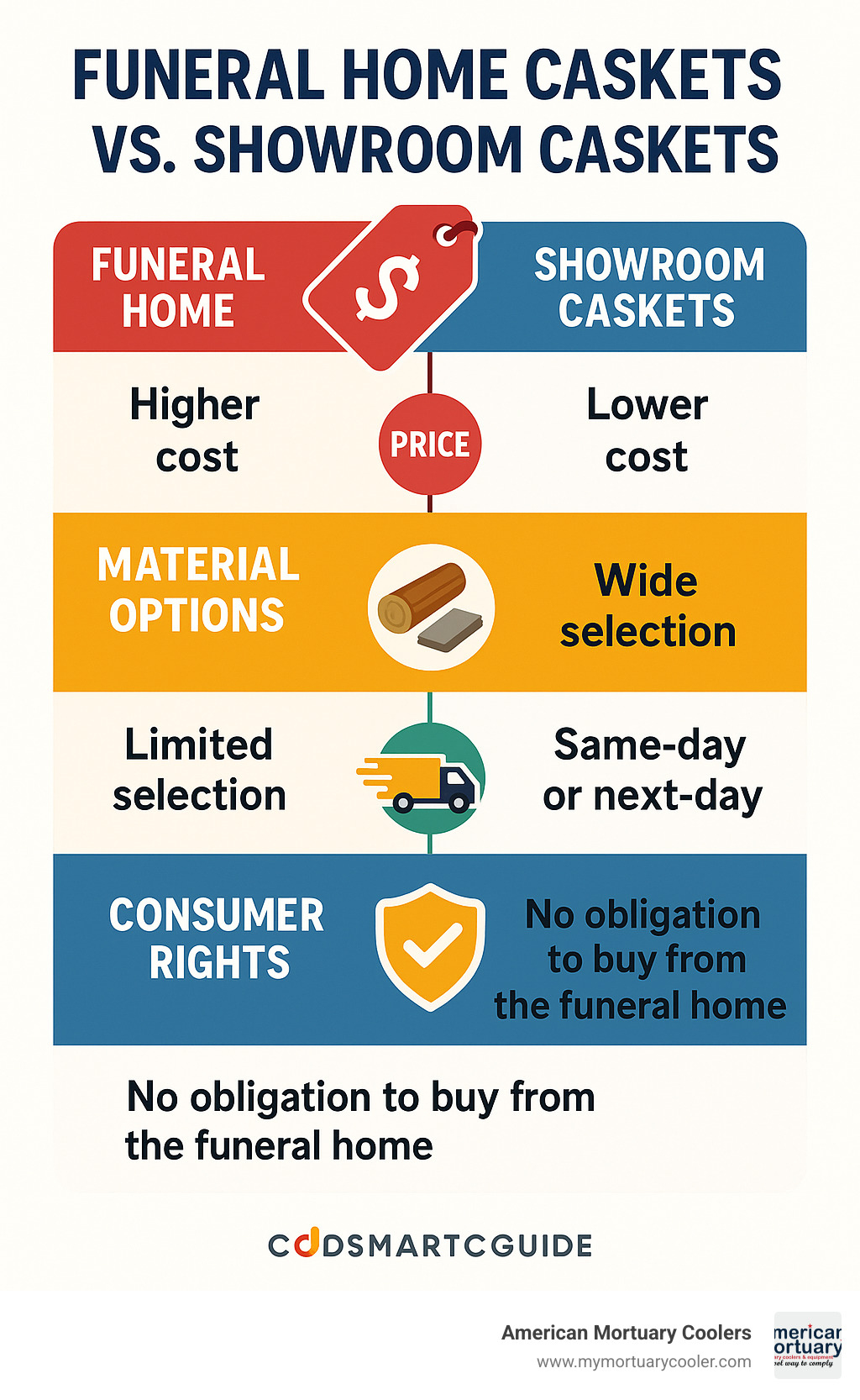 Infographic showing comparison between funeral home caskets vs showroom caskets, featuring price differences, material options, delivery timelines, and consumer rights - showroom caskets infographic 