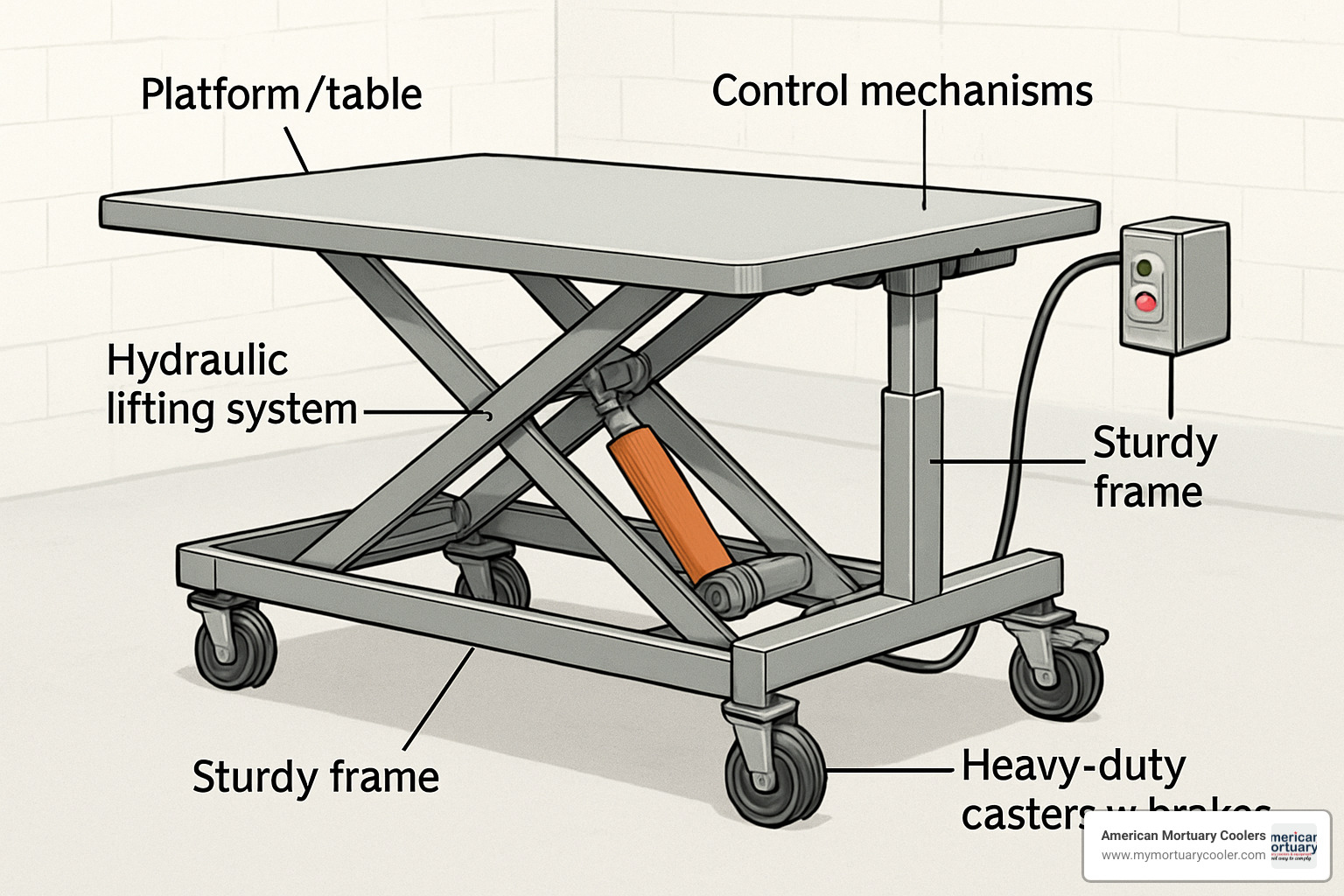 Detailed anatomy of a trolley with lift showing platform, hydraulic system, and control mechanisms - trolley with lift Detailed anatomy of a trolley with lift showing platform, hydraulic system, and control mechanisms - trolley with lift
