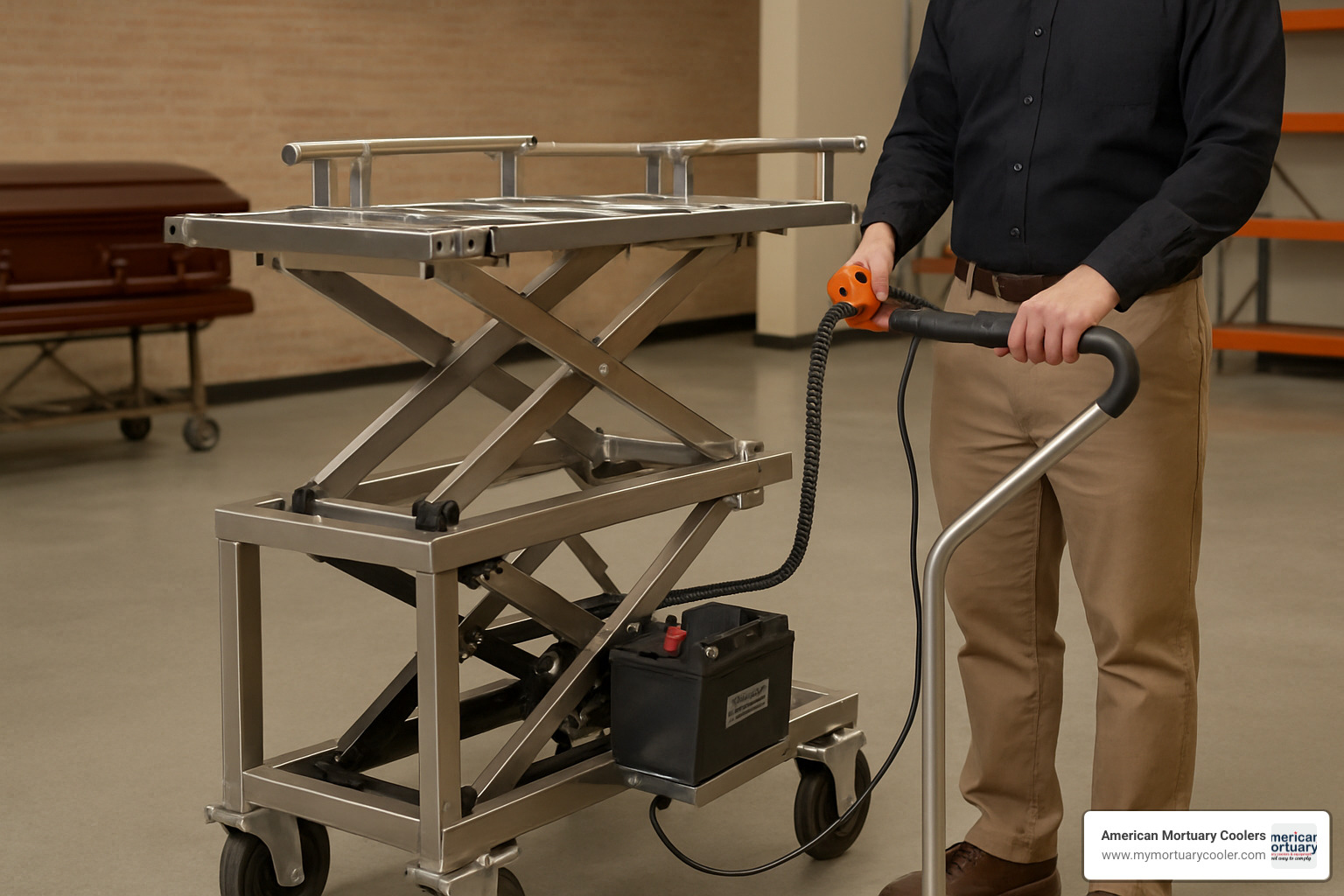 Electric trolley with lift showing control pendant and battery system - trolley with lift Electric trolley with lift showing control pendant and battery system - trolley with lift