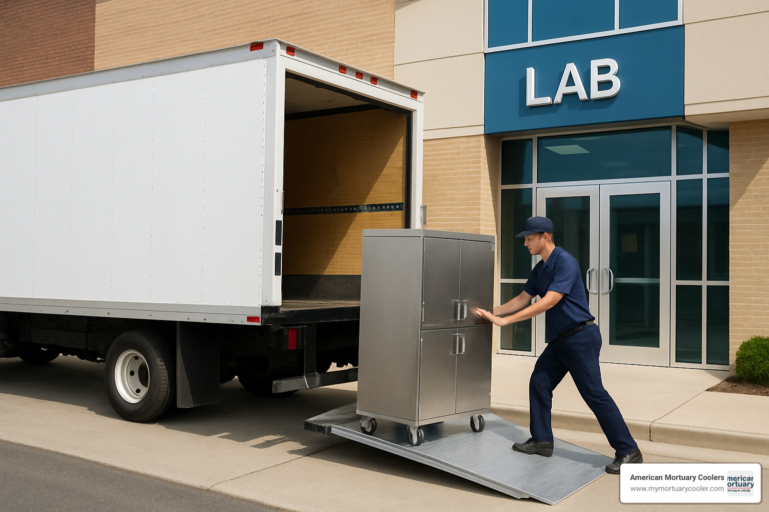 Delivery truck unloading a stainless steel rolling cabinet - stainless steel rolling cabinet