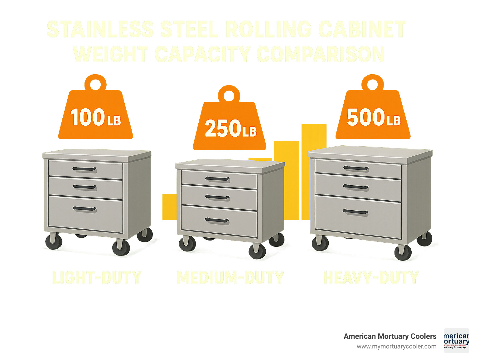 Stainless steel rolling cabinet weight capacity comparison between light, medium, and heavy-duty models - stainless steel rolling cabinet infographic 
