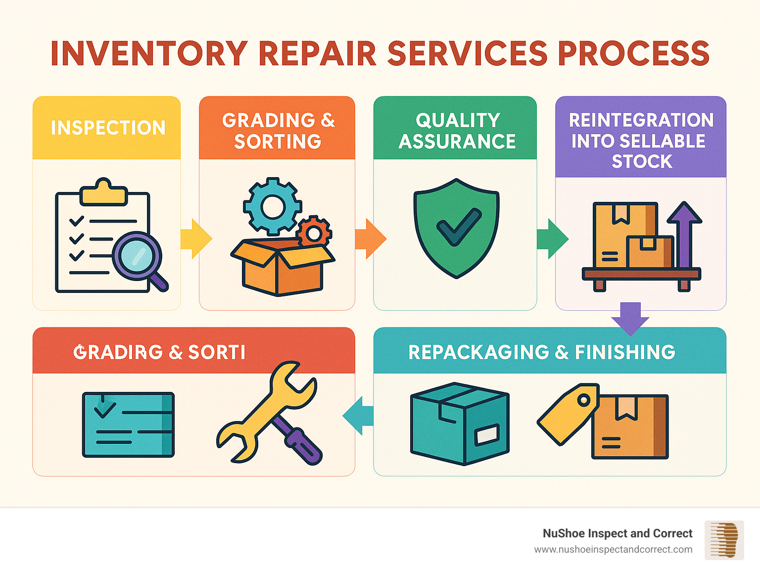 Inventory repair services process flow from inspection to reintegration - inventory repair services infographic