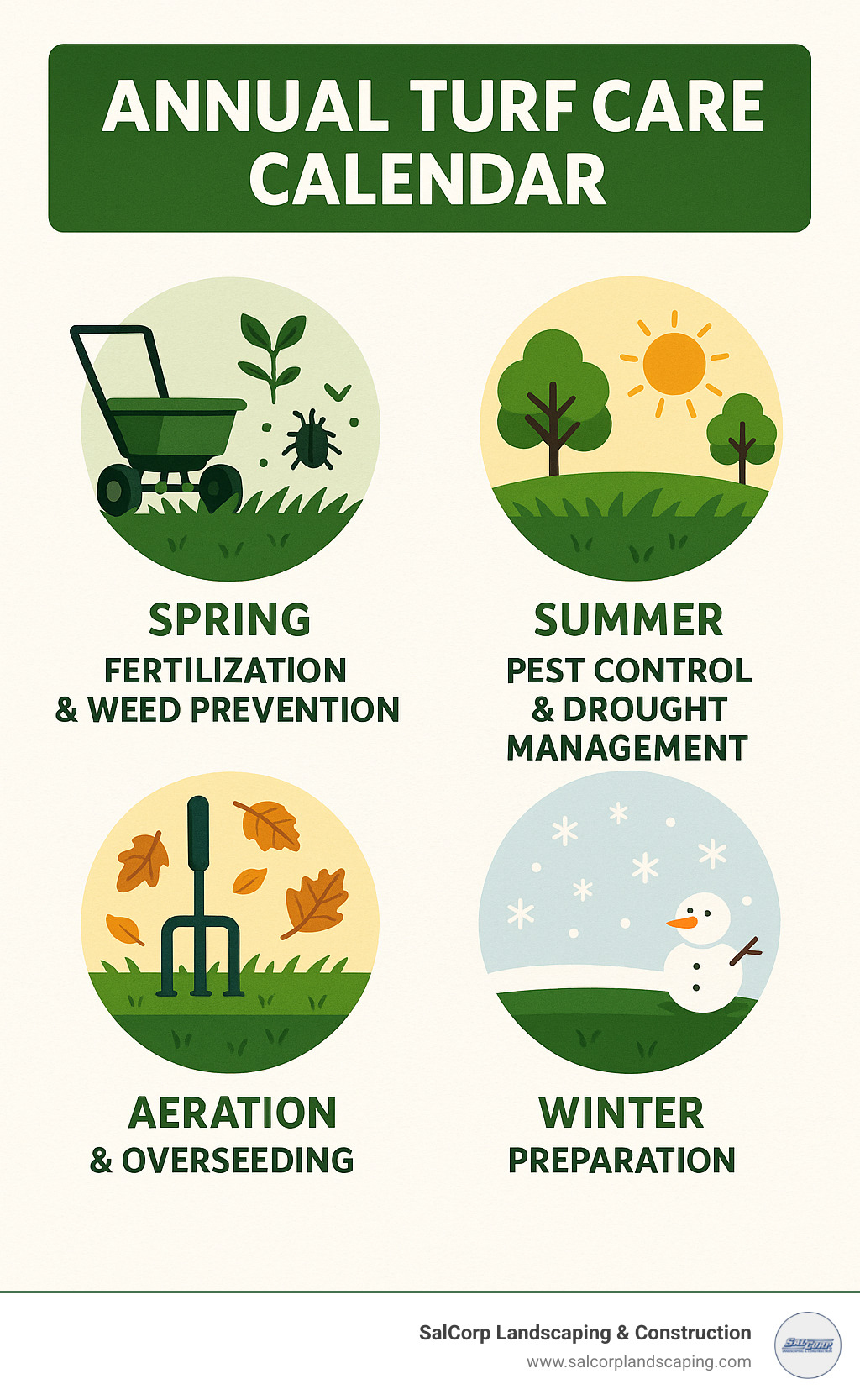 Annual turf care calendar showing seasonal treatments including spring fertilization and weed prevention, summer pest control and drought management, fall aeration and overseeding, and winter preparation - turf lawn care near me infographic