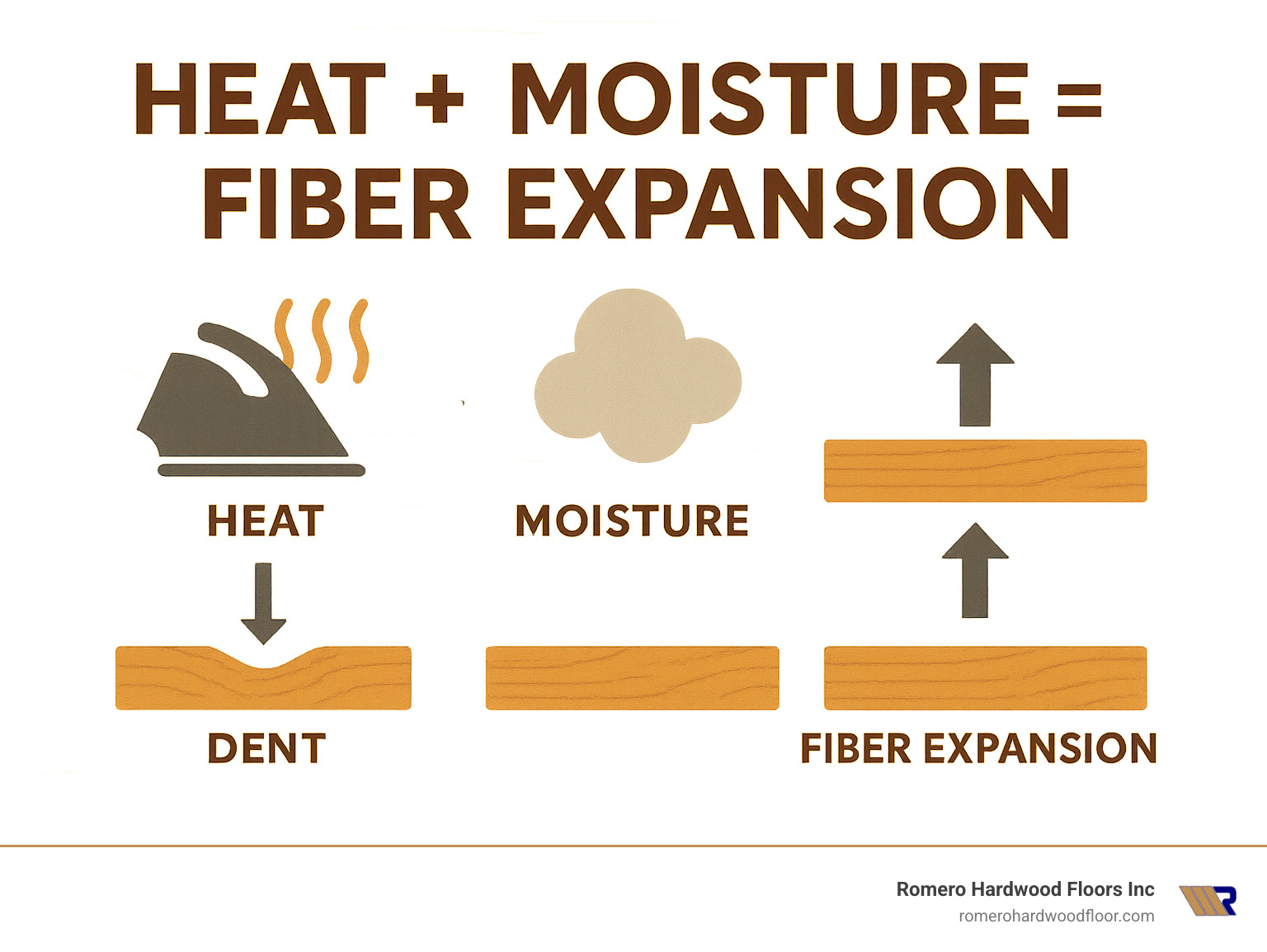 infographic explaining "heat + moisture = fiber expansion" - fixing dents in wood infographic