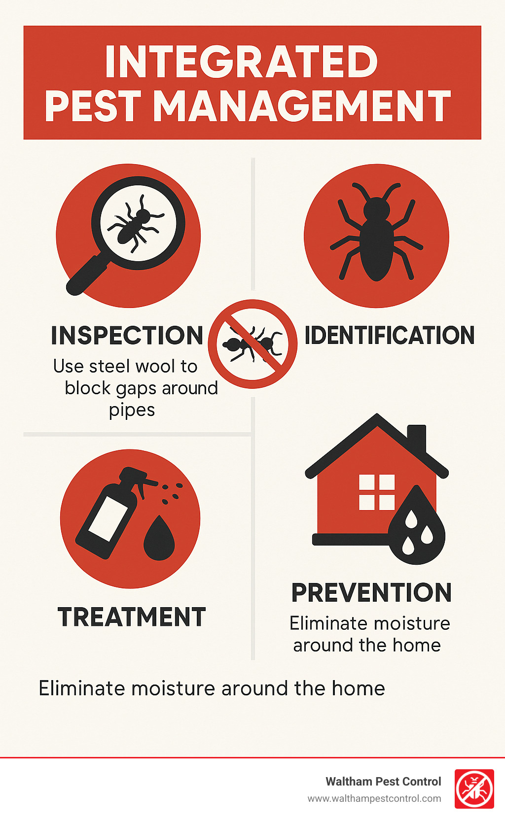 Integrated Pest Management steps showing inspection, identification, treatment, and prevention measures - cost to exterminate ants in house infographic
