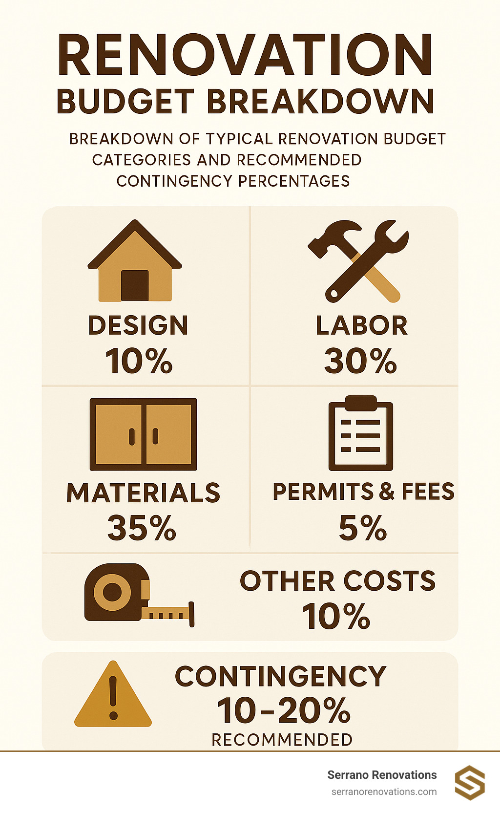 infographic showing breakdown of typical renovation budget categories and recommended contingency percentages - home renovation contractor infographic 