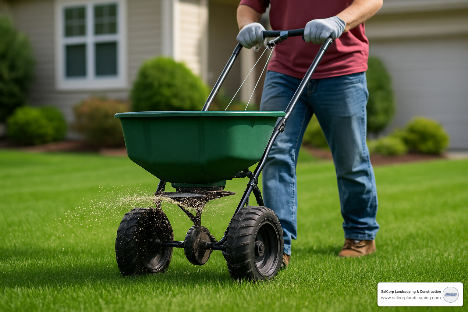 broadcast spreader applying fertilizer to lawn - turf lawn care near me