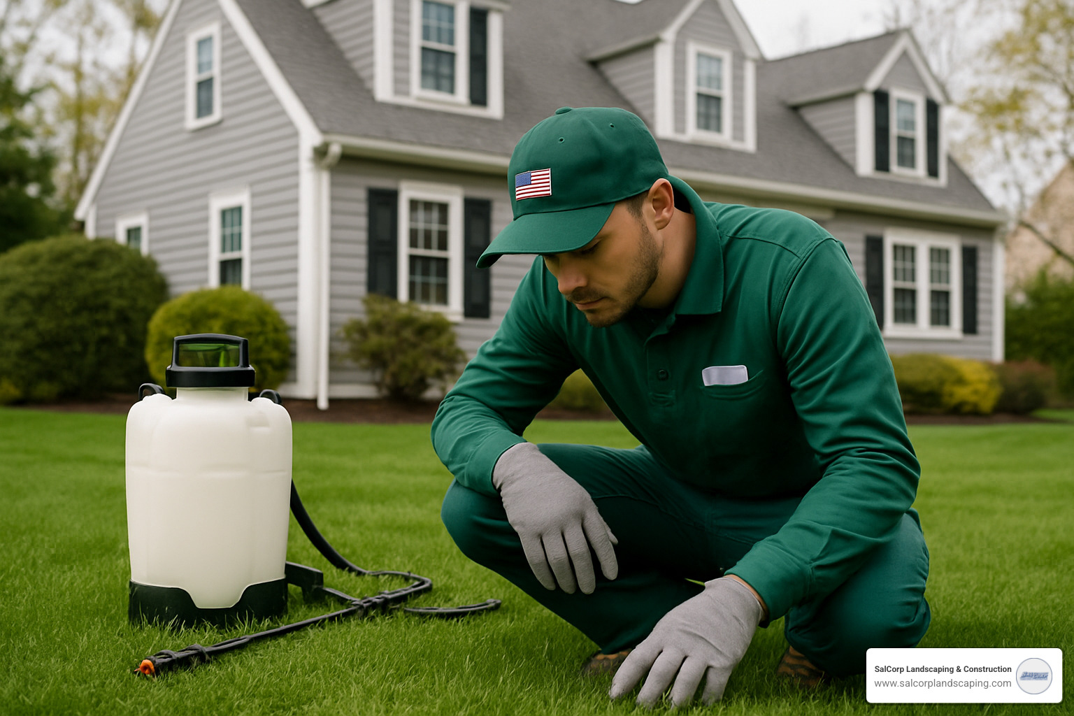 lawn technician inspecting turf for pests - turf lawn care near me