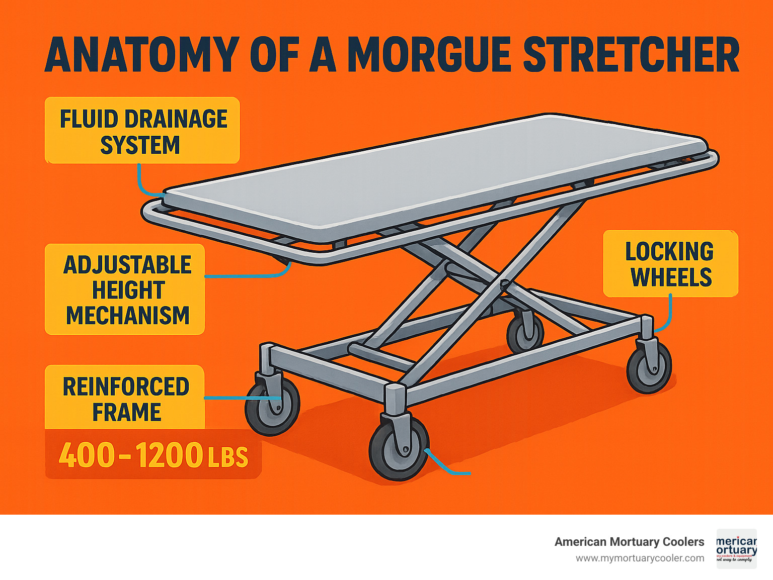 Detailed anatomy of a morgue stretcher showing key components including adjustable height mechanism, fluid drainage system, locking wheels, and reinforced frame with weight capacity indicators - morgue stretcher infographic 