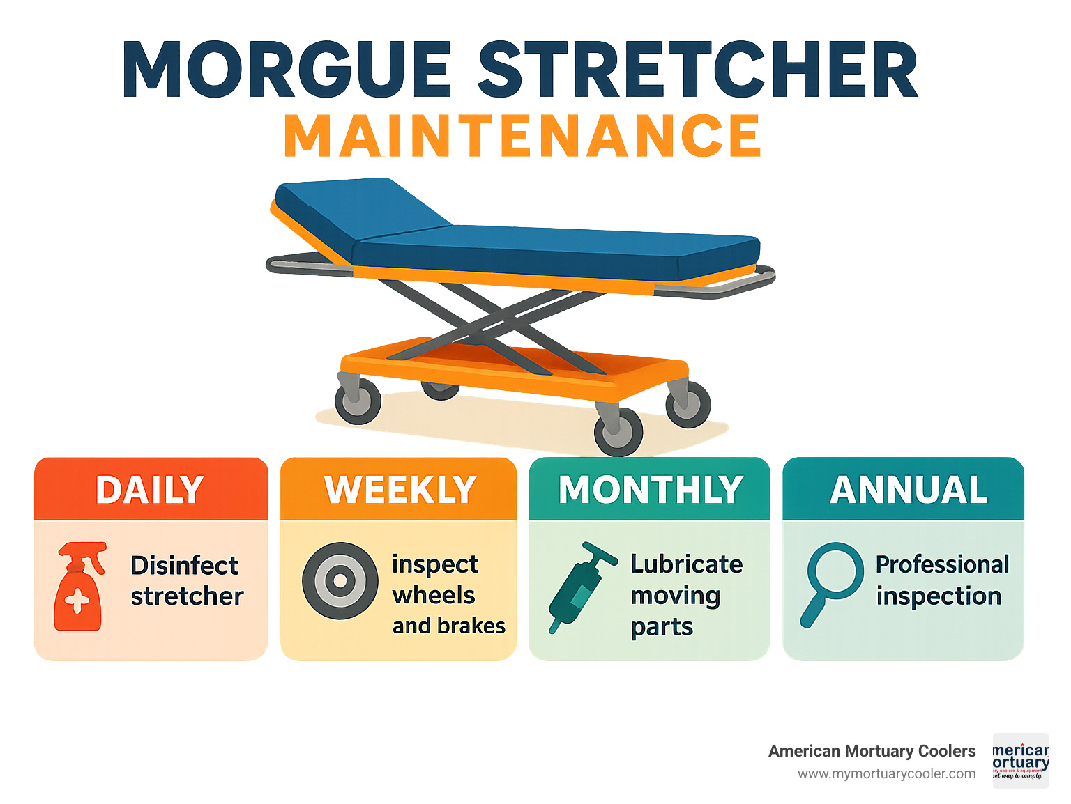 Maintenance schedule infographic showing daily, weekly, monthly and annual tasks for morgue stretcher care - morgue stretcher infographic 