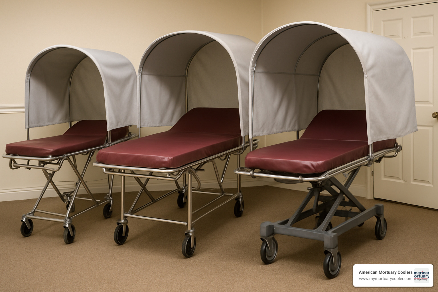 Different types of morgue stretchers including standard, bariatric, and hydraulic models - morgue stretcher