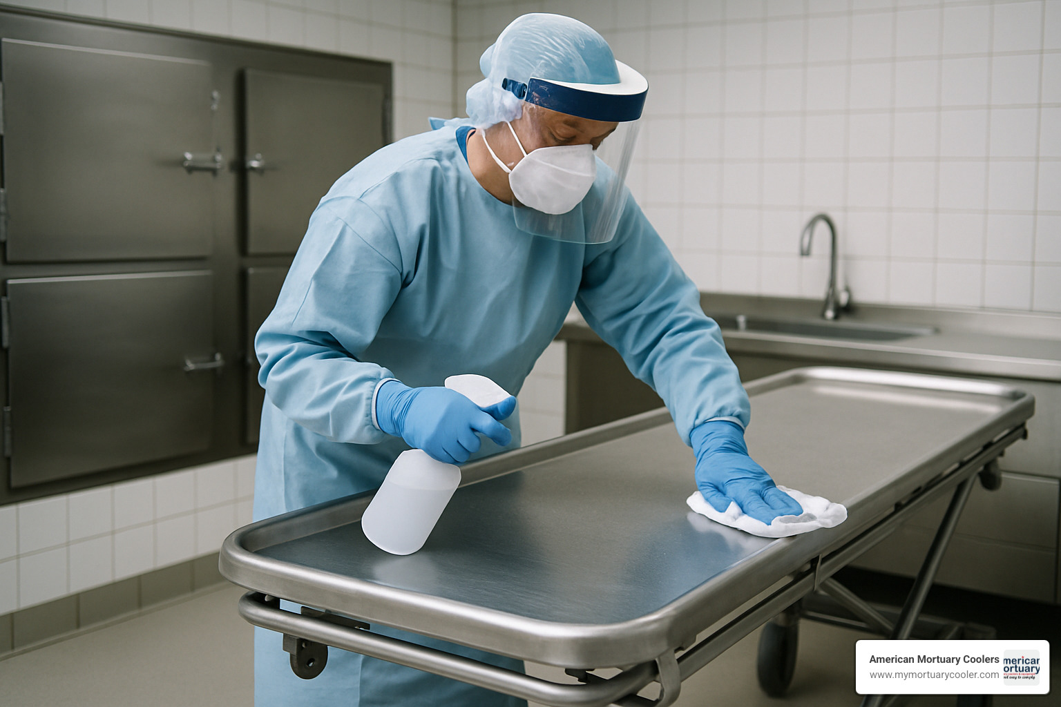 Proper cleaning of a morgue stretcher with appropriate PPE and disinfection supplies - morgue stretcher