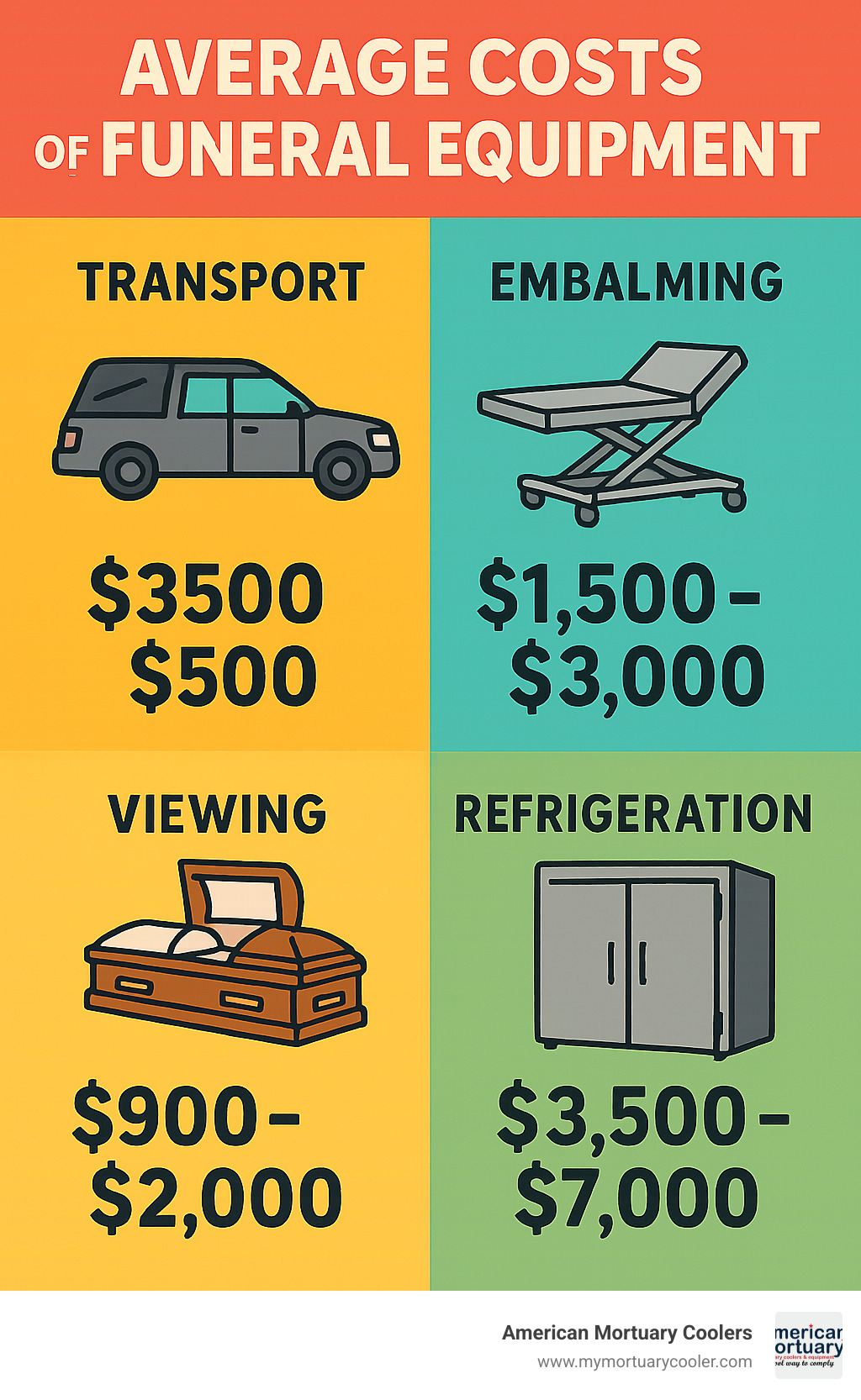 Infographic showing average costs of essential funeral equipment categories from transport to refrigeration - funeral undertaker equipment infographic 