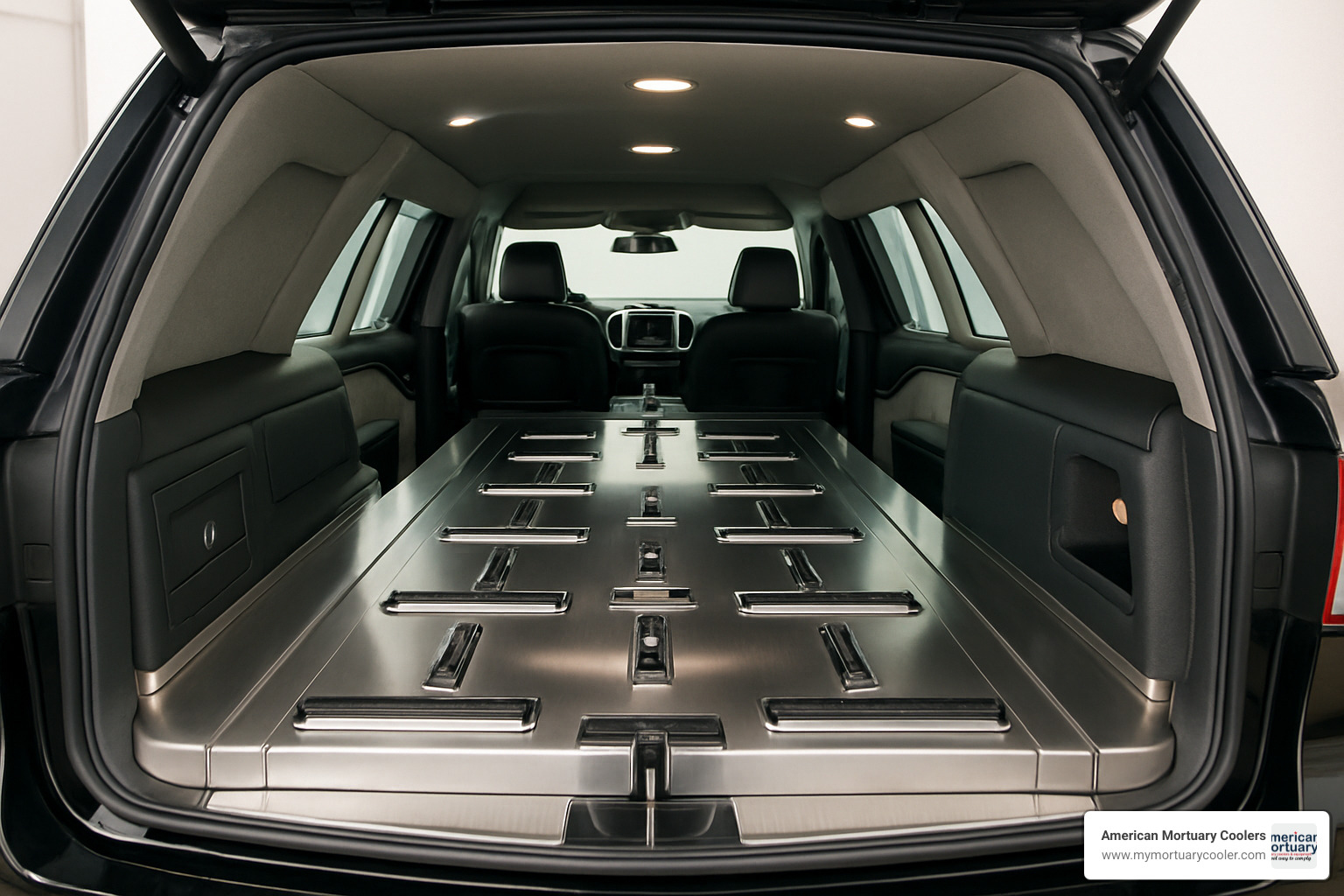 Hearse interior with roller floor system - funeral undertaker equipment