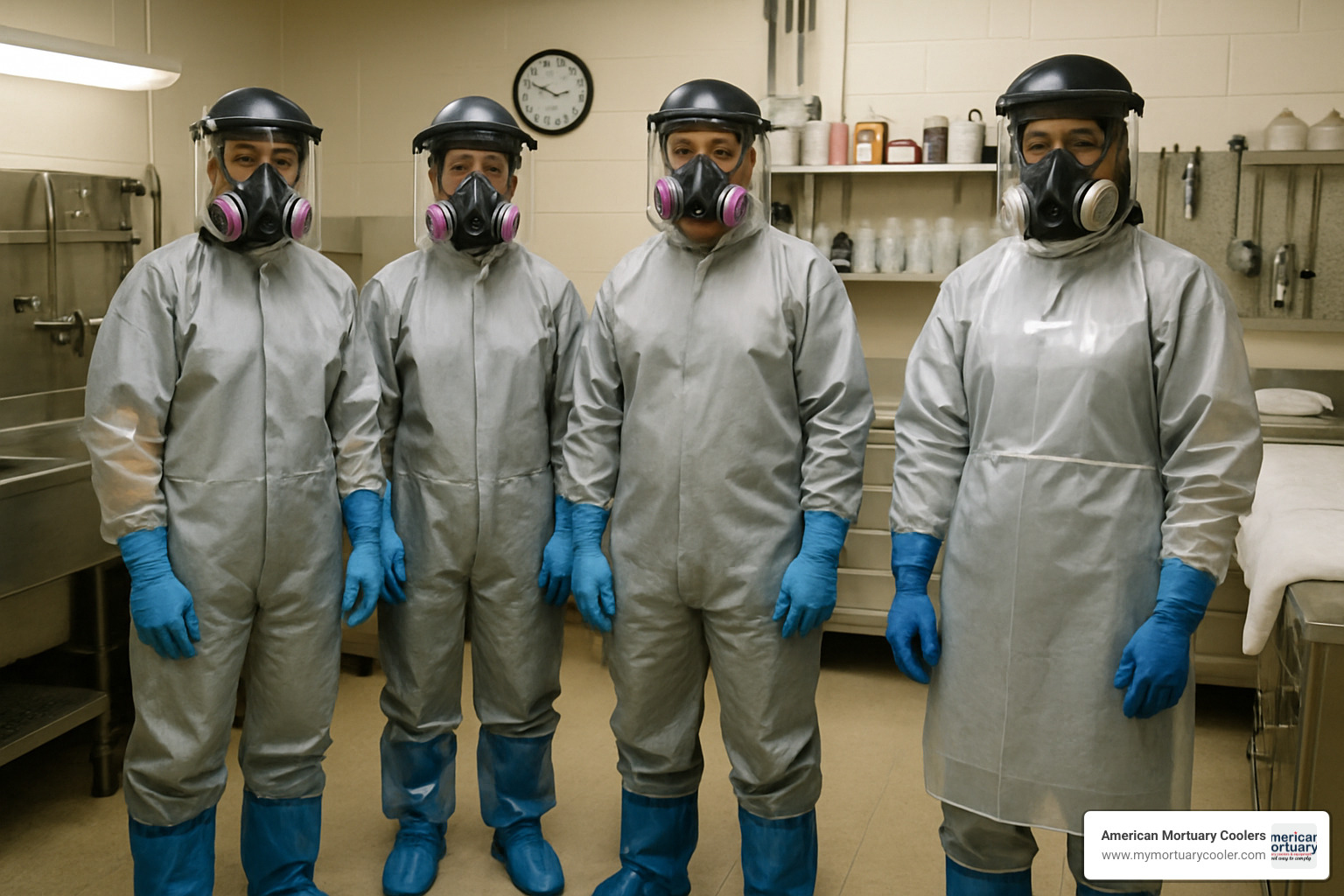 Personal protective equipment for mortuary staff including respirators, gloves and protective clothing - funeral undertaker equipment