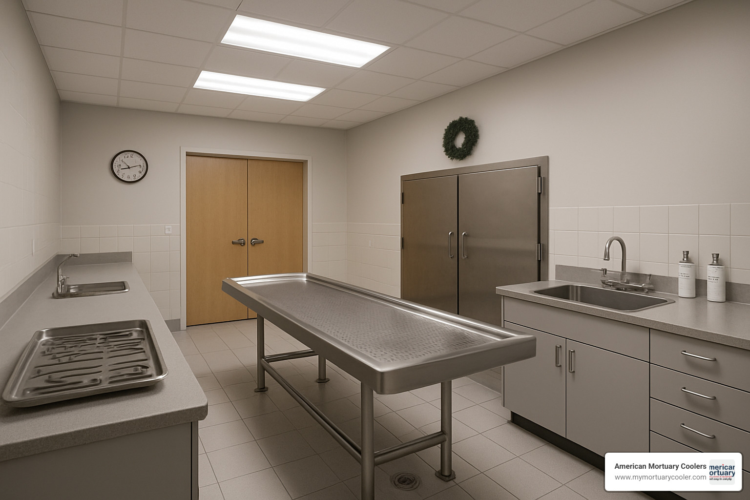 Modern preparation room with embalming table and instruments - funeral undertaker equipment