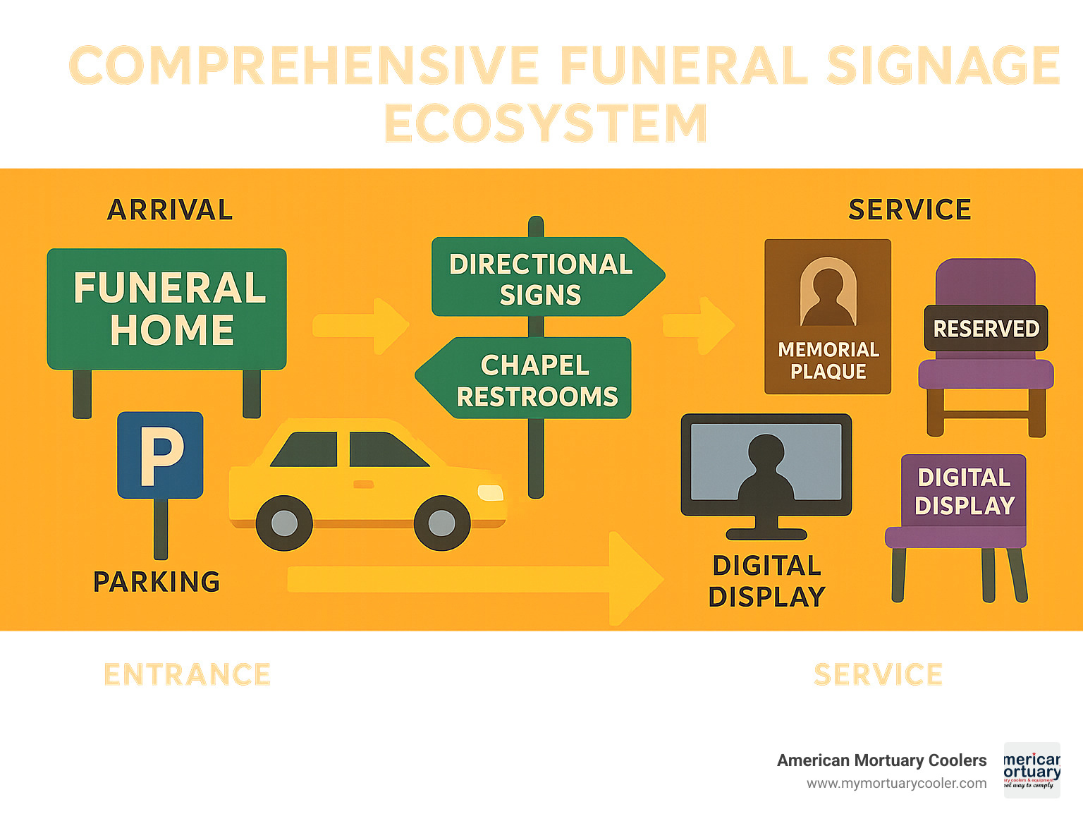 Comprehensive funeral signage ecosystem showing the relationship between different sign types, their placement throughout a funeral facility, and how they guide visitors from arrival through service - funeral signage infographic 