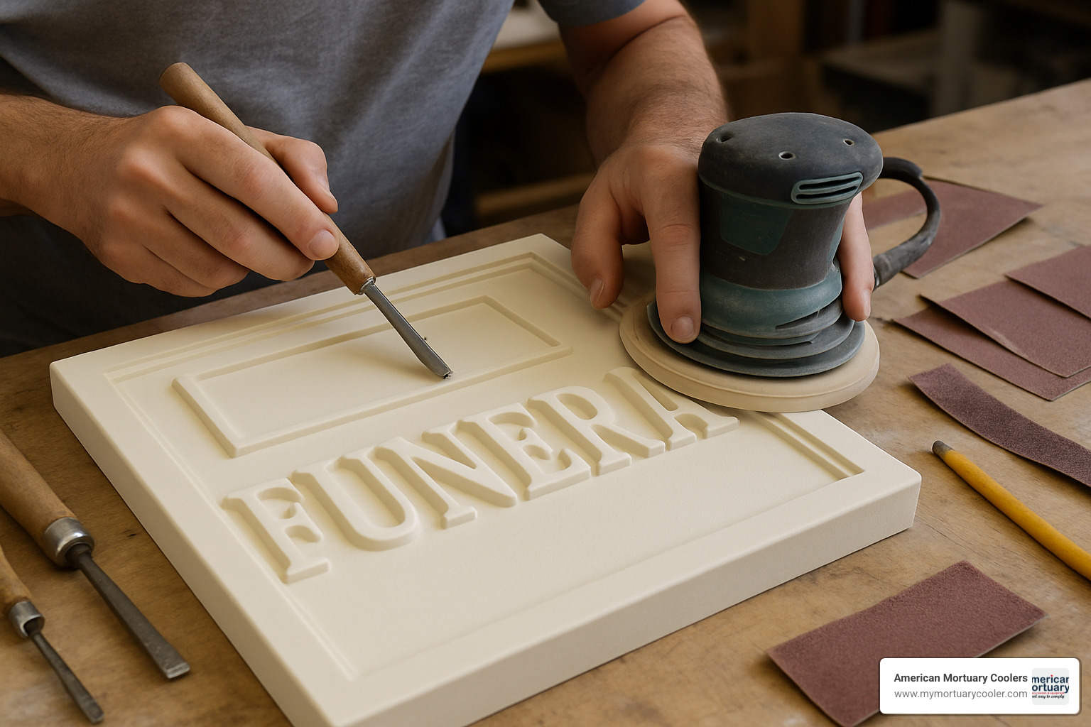 HDU sign fabrication process showing carving and finishing details - funeral signage