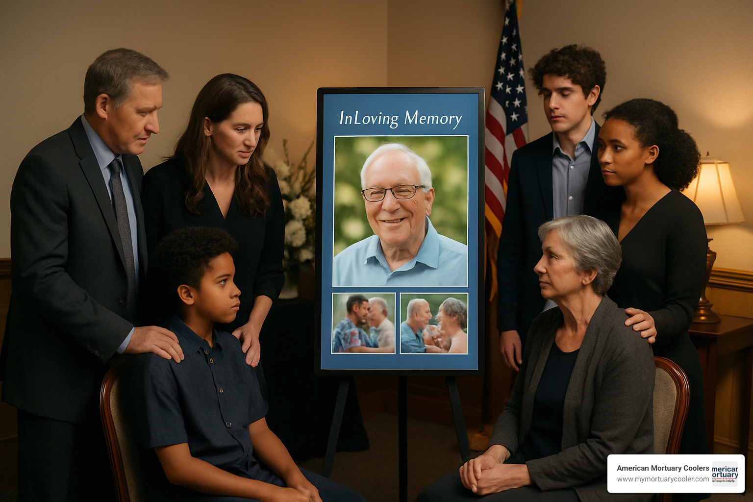 Family gathered around a digital memorial screen displaying photos and memories - funeral signage
