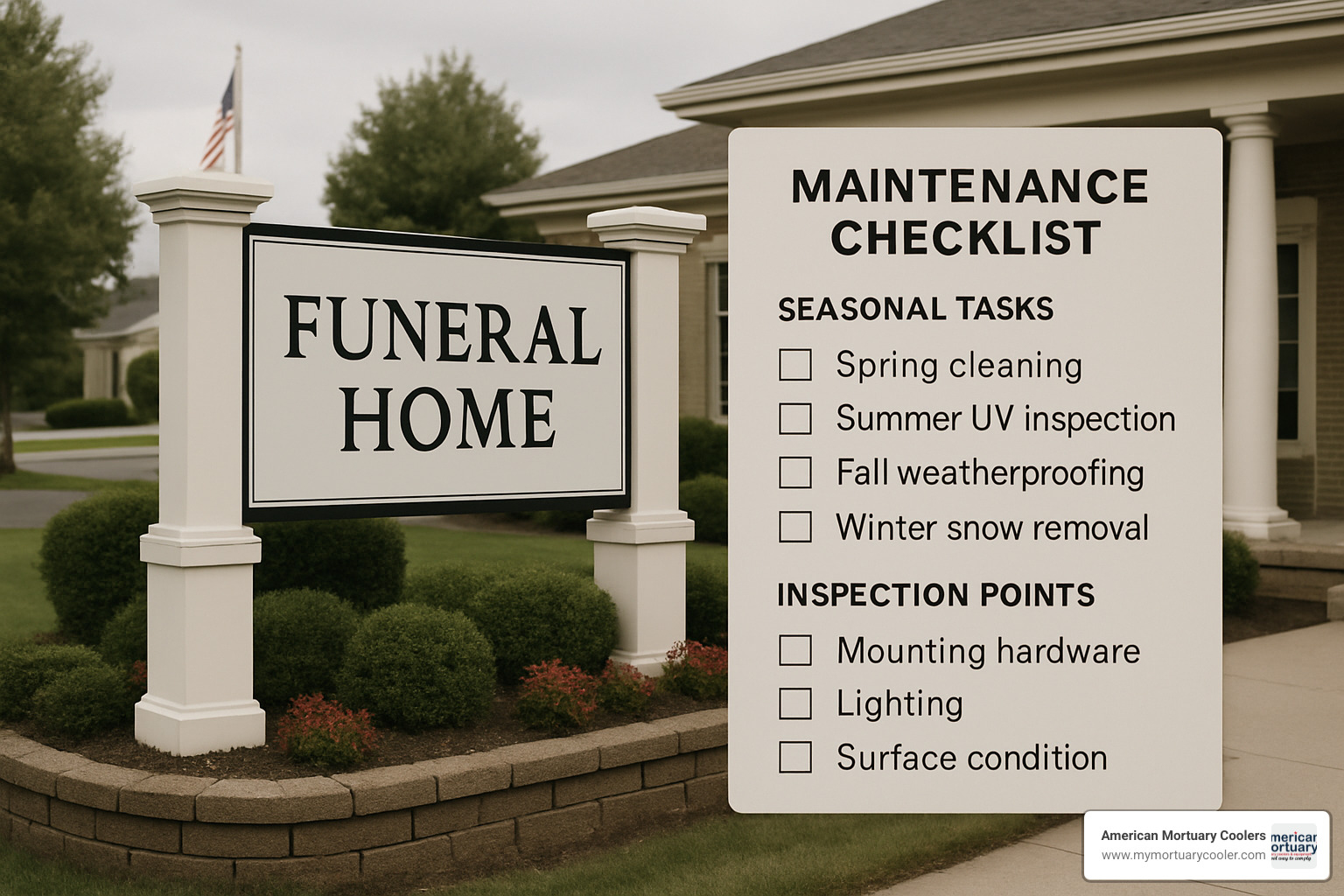 Sign maintenance checklist with seasonal tasks and inspection points - funeral signage