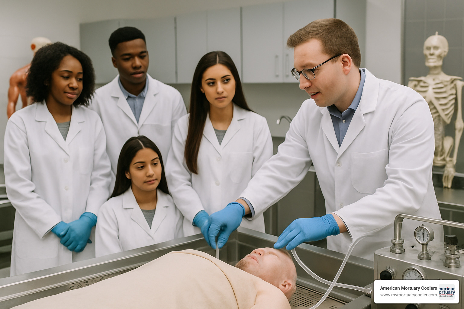 Students learning in an embalming laboratory setting - mortuary science degree