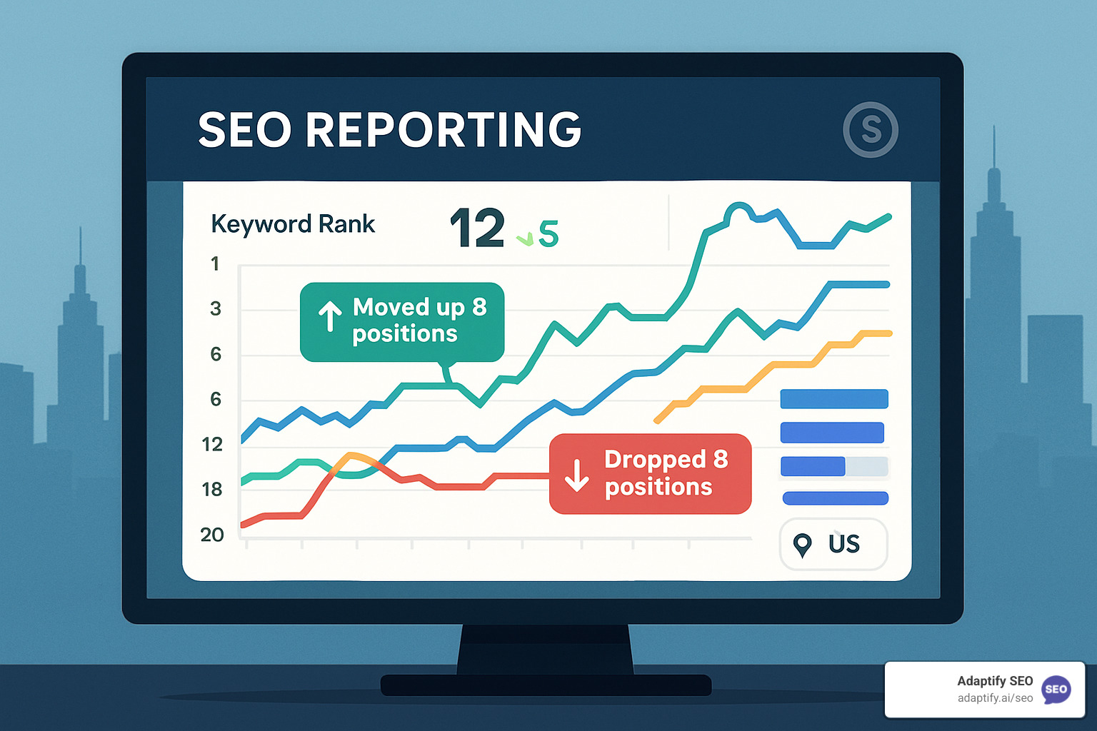 SEO reporting dashboard showing rank changes over time with annotations - SEO Rank Monitoring