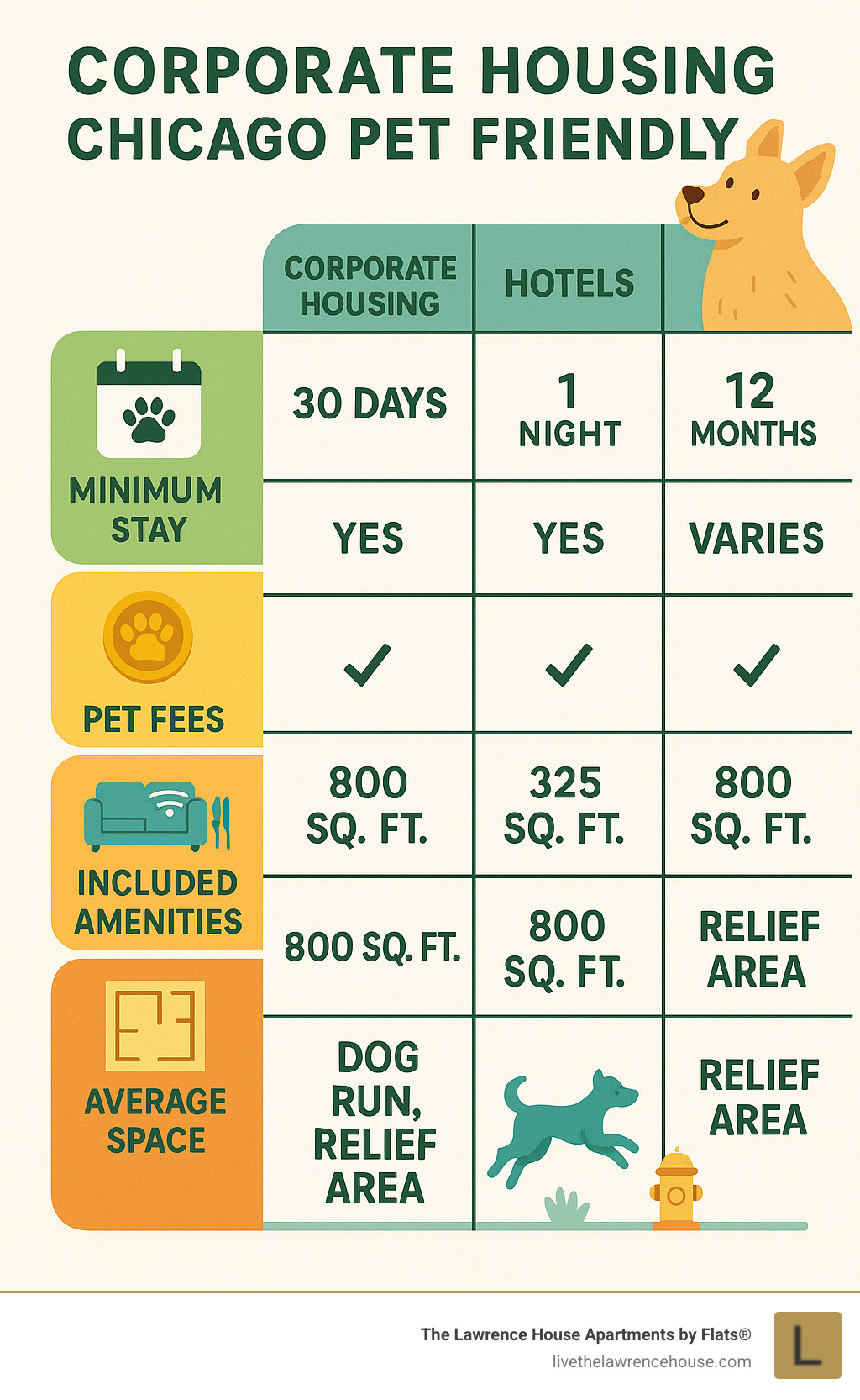 Infographic comparing corporate housing, hotels, and traditional apartments with pet-friendly features highlighted, including: minimum stay requirements, pet fees, included amenities, average space, and pet-specific features like dog runs and relief areas - corporate housing chicago pet friendly infographic 