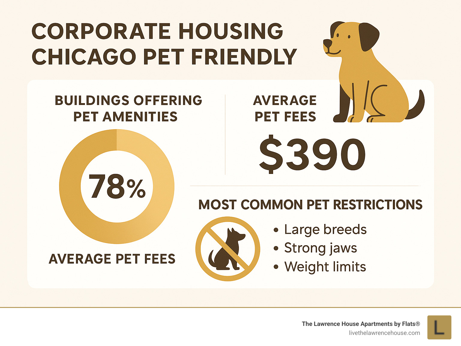 infographic showing key statistics about pet-friendly corporate housing in Chicago, including percentage of buildings offering pet amenities, average pet fees, and most common pet restrictions - corporate housing chicago pet friendly infographic 