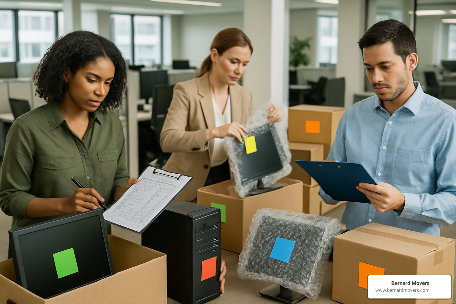 Team boxing up computers with labels and inventory sheets - moving office equipment