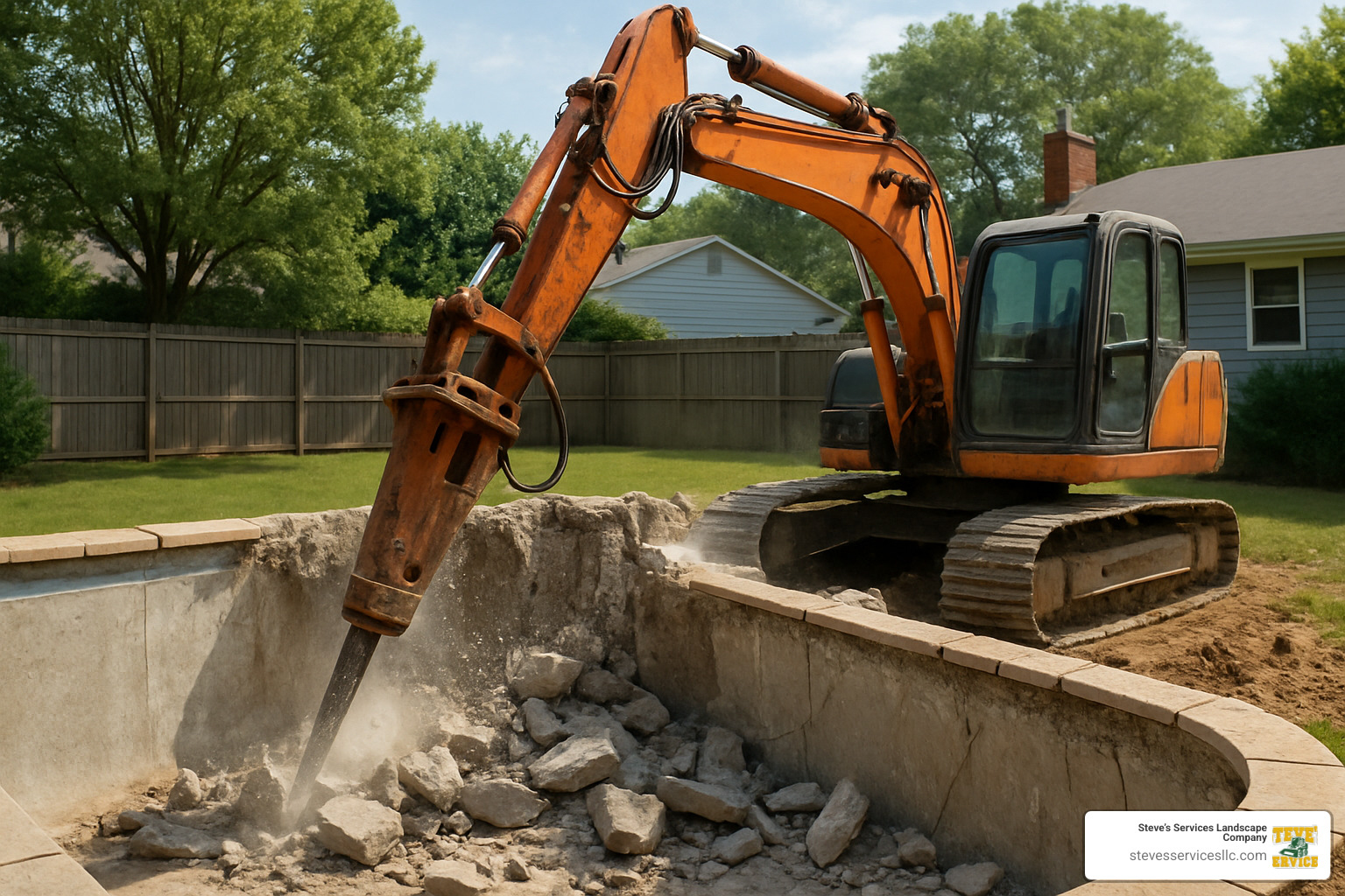 excavator breaking concrete pool wall - concrete pool demolition