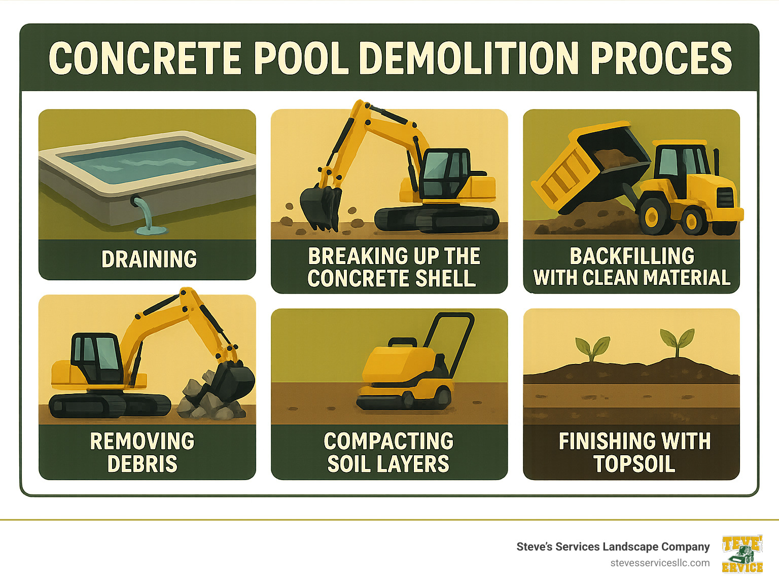 Concrete pool demolition process showing the steps of draining, breaking up the concrete shell, removing debris, backfilling with clean material, compacting soil layers, and finishing with topsoil - concrete pool demolition infographic 