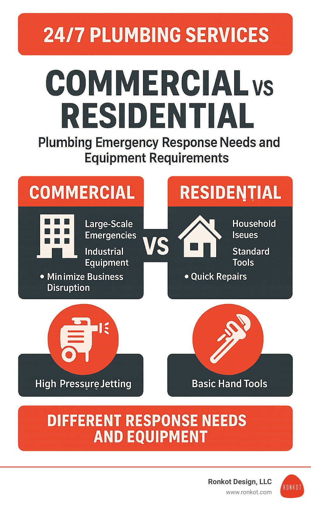 Commercial vs residential plumbing emergency response needs and equipment requirements - 24/7 plumbing services infographic