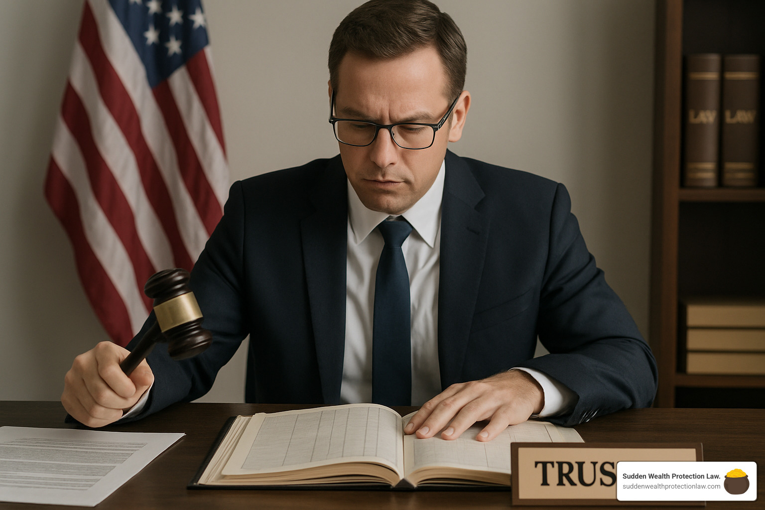 Trustee with gavel and financial ledger - income beneficiary vs principal beneficiary