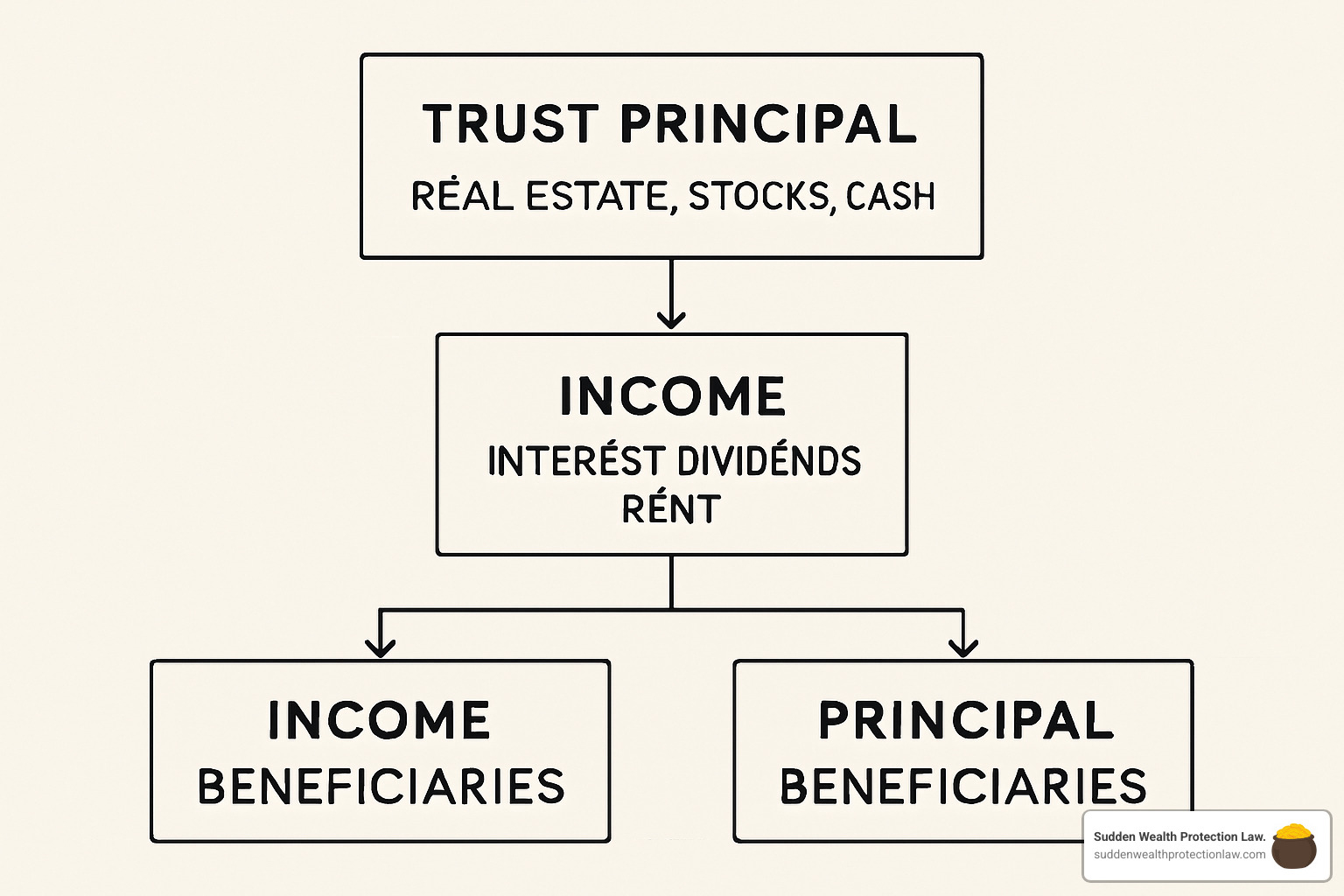 Trust principal and income flow diagram - income beneficiary vs principal beneficiary