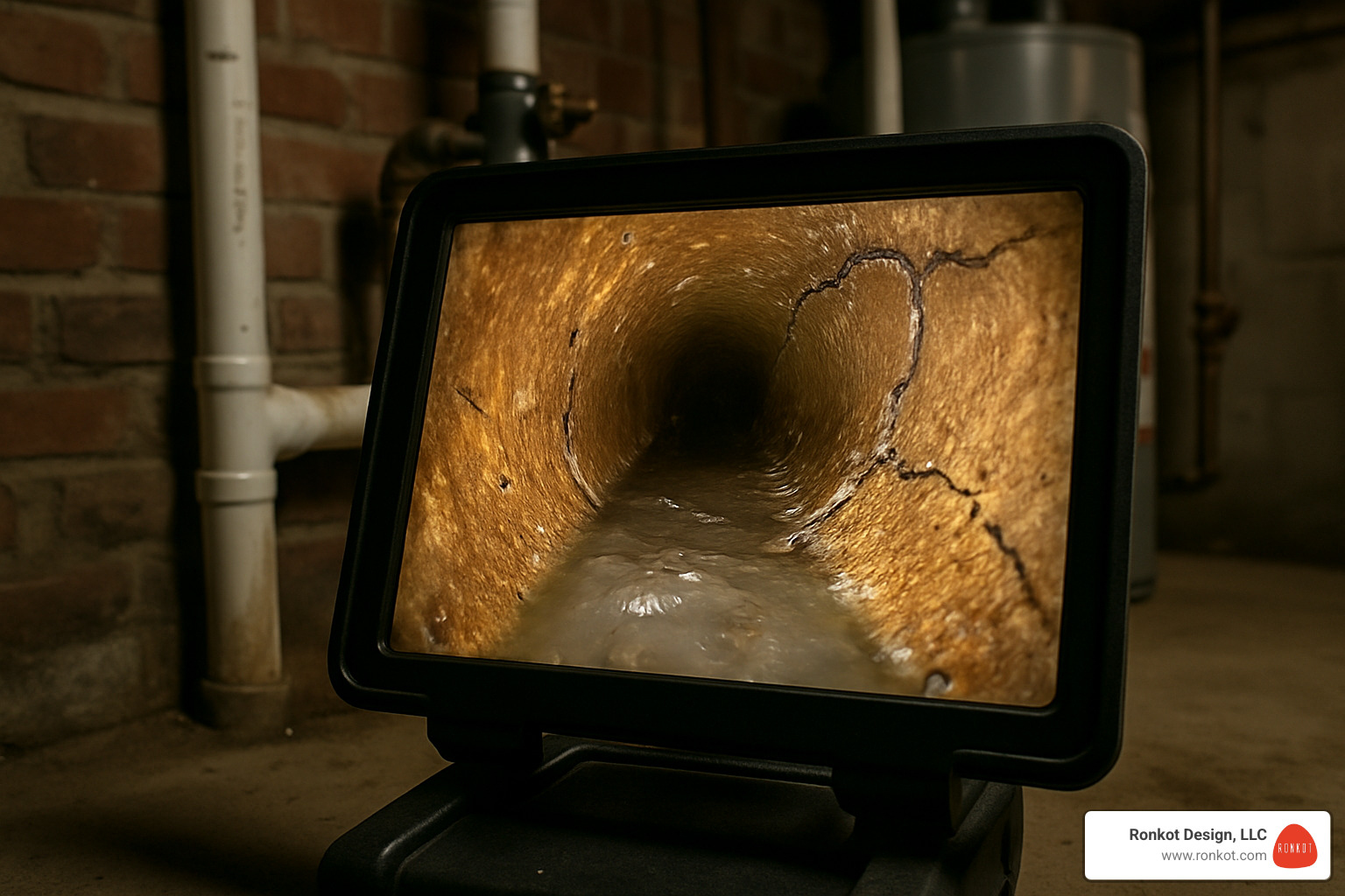 camera inspection feed showing inside of damaged pipe - 24/7 plumbing services