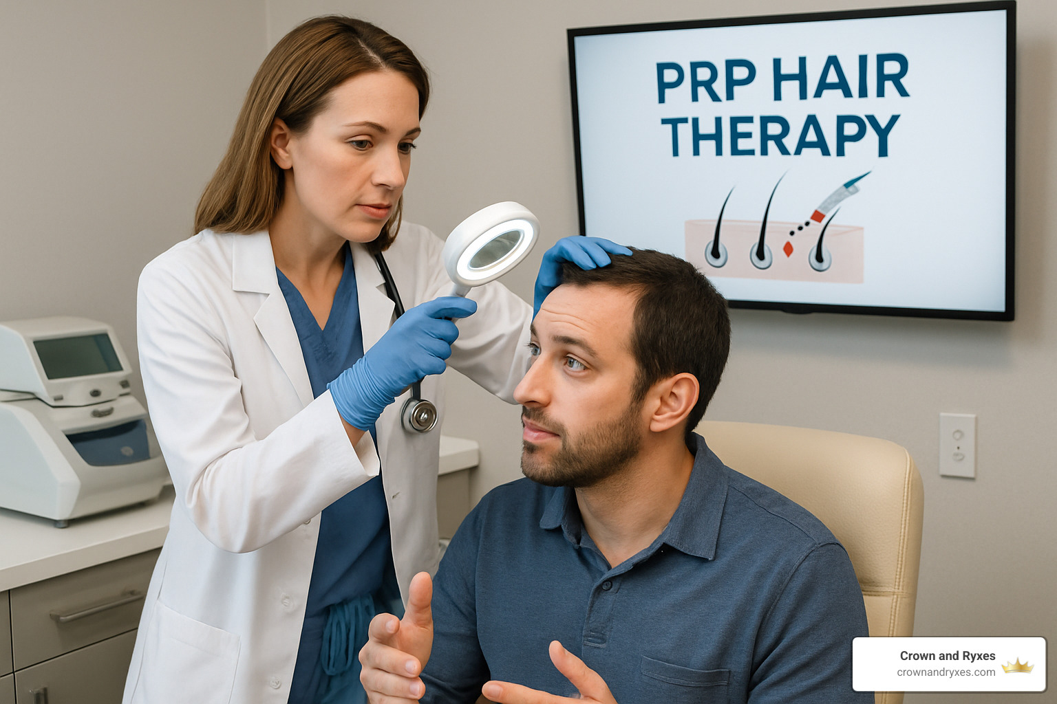 Patient consultation for PRP hair therapy showing scalp assessment - prp injections for hair regrowth