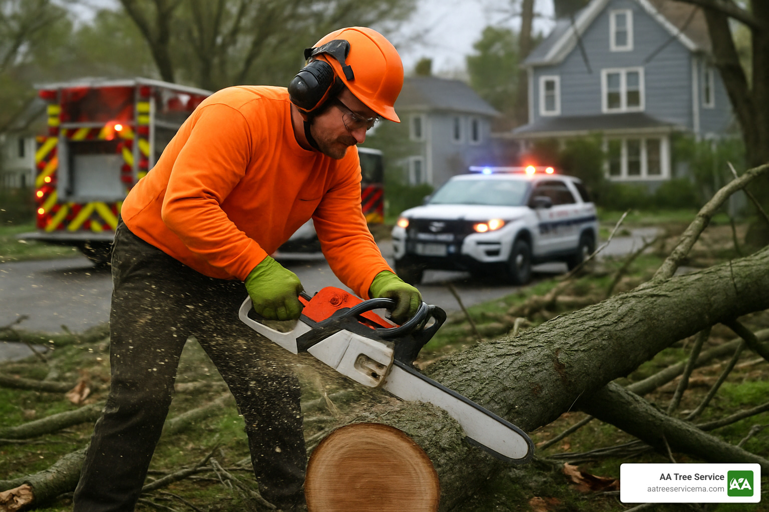 Arborist performing emergency tree removal after storm damage - Tree hazard assessment
