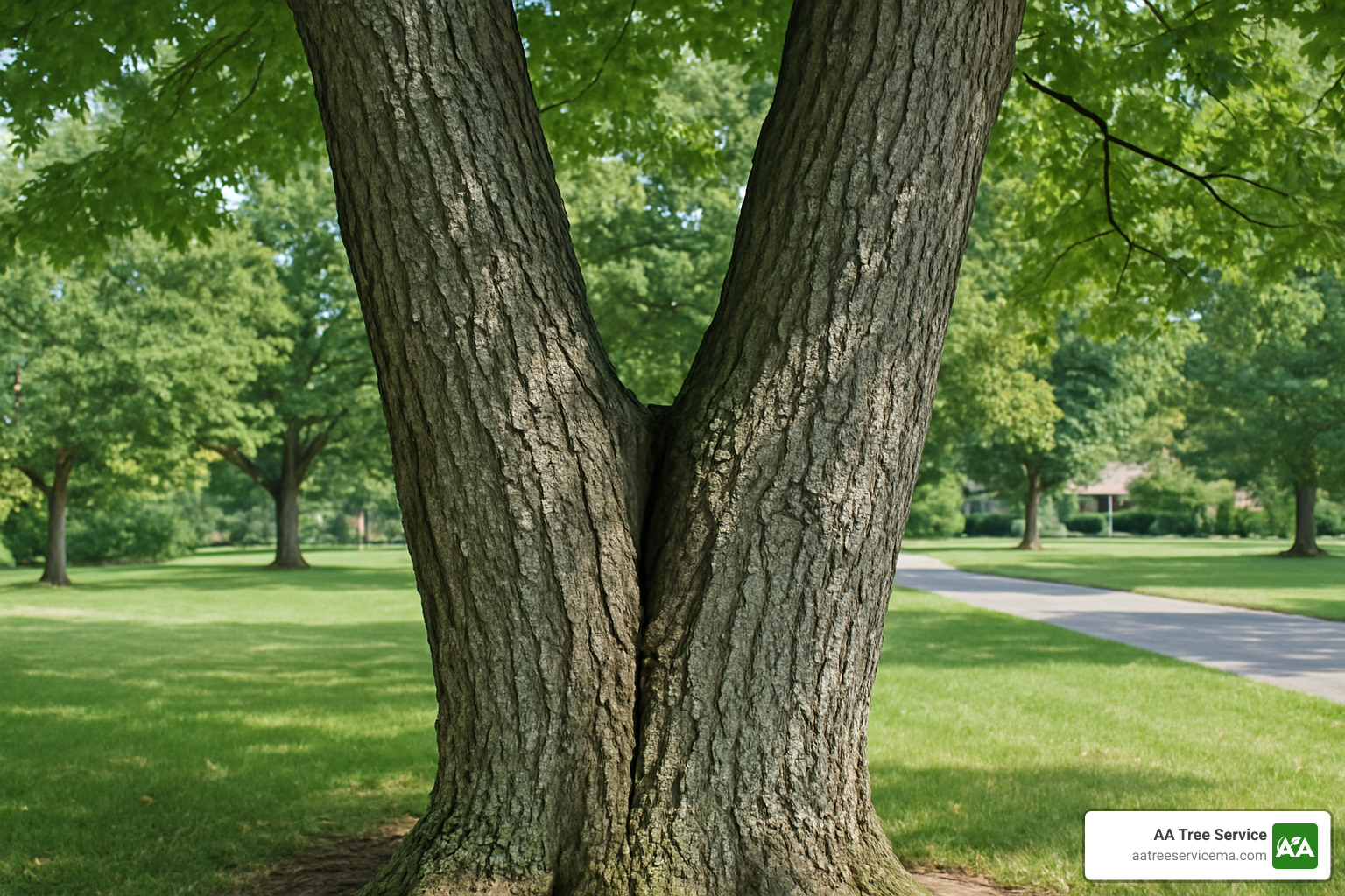 Tree with codominant stems showing included bark and potential splitting point - Tree hazard assessment