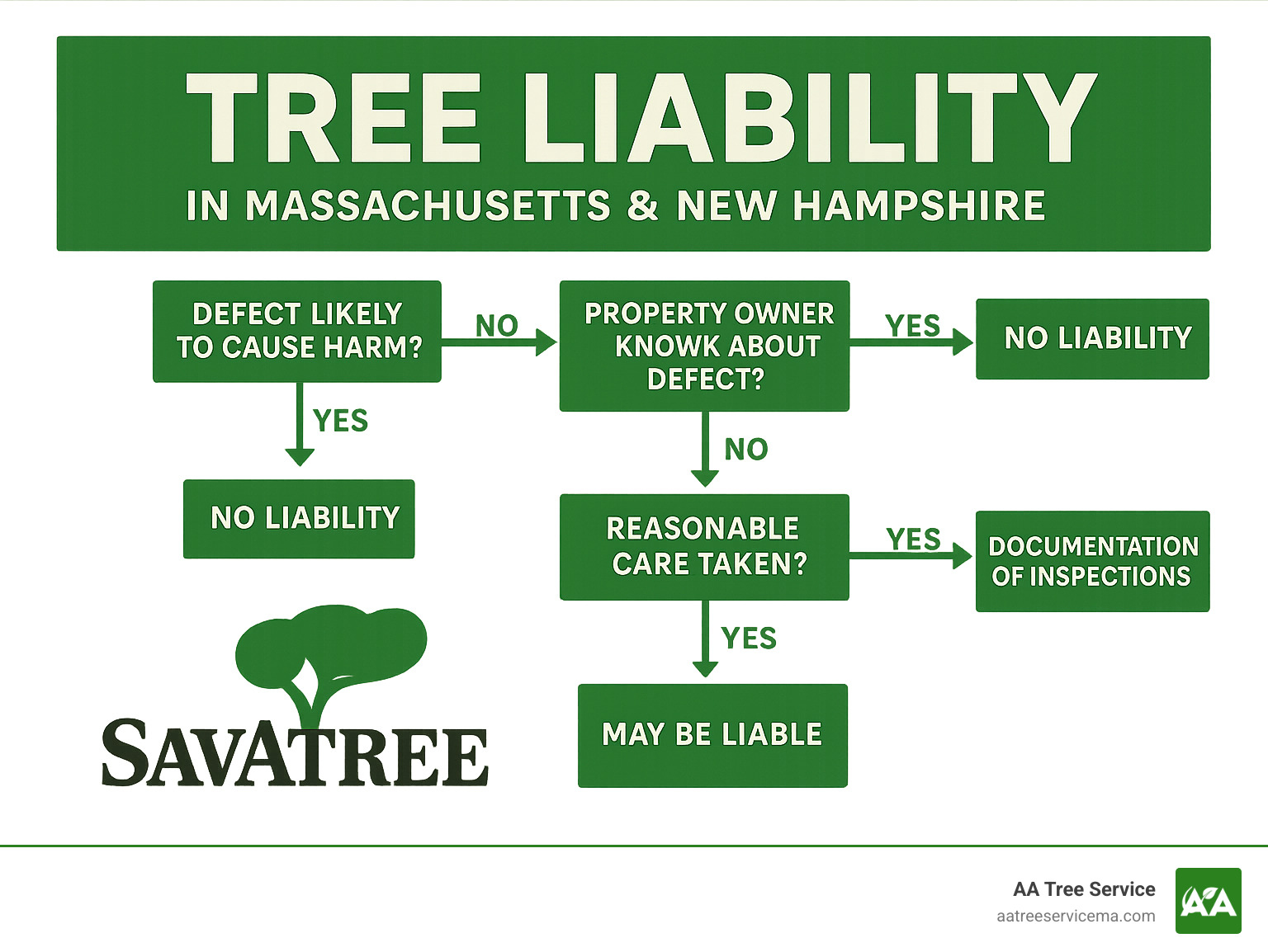 Tree liability flowchart showing decision points for property owner responsibility in Massachusetts and New Hampshire, including knowledge of defect, reasonable care standards, and documentation requirements - Tree hazard assessment infographic