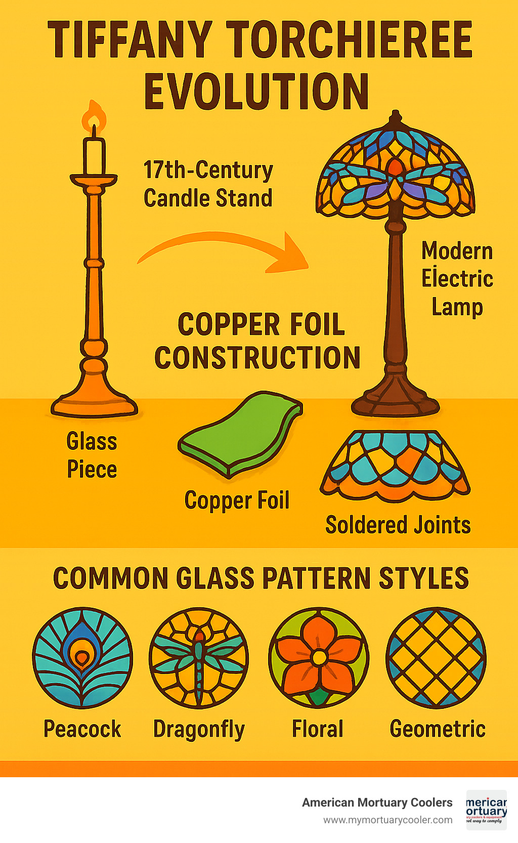 Tiffany torchiere evolution from 17th century candle stands to modern electric lamps with detailed breakdown of copper foil construction technique and common glass pattern styles - tiffany torchiere infographic 